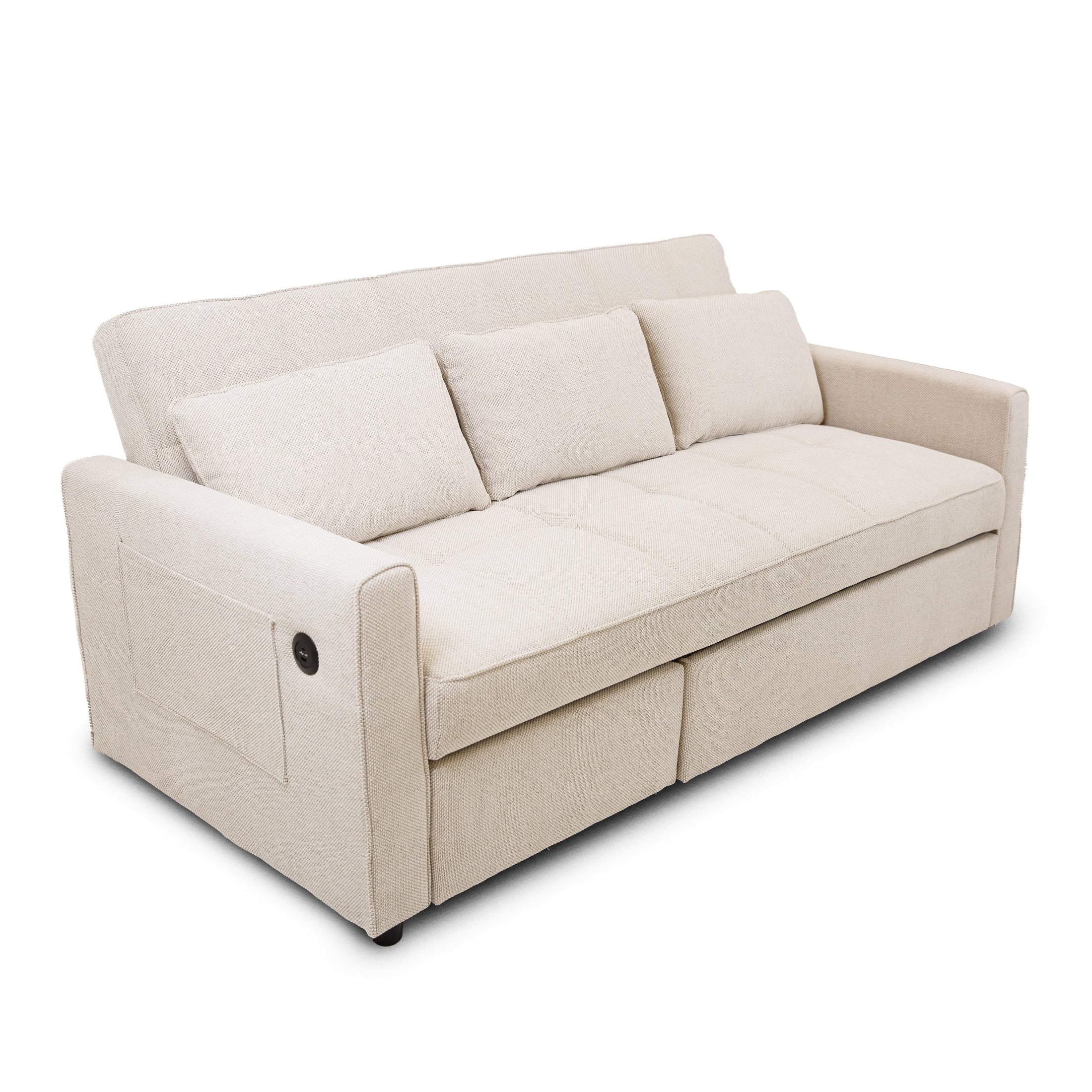 Front view of the Hedal Sofa Sectional Sleeper in cream textured fabric with matching throw pillows