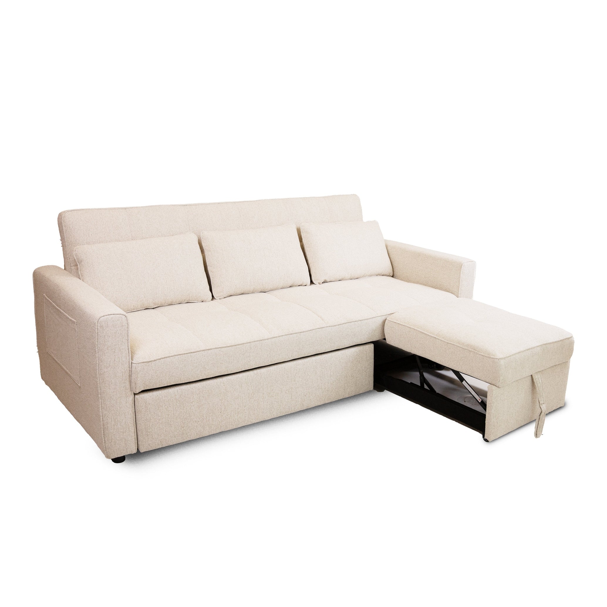 Front view of the Hedal Sofa Sectional Sleeper in cream textured fabric with matching throw pillows