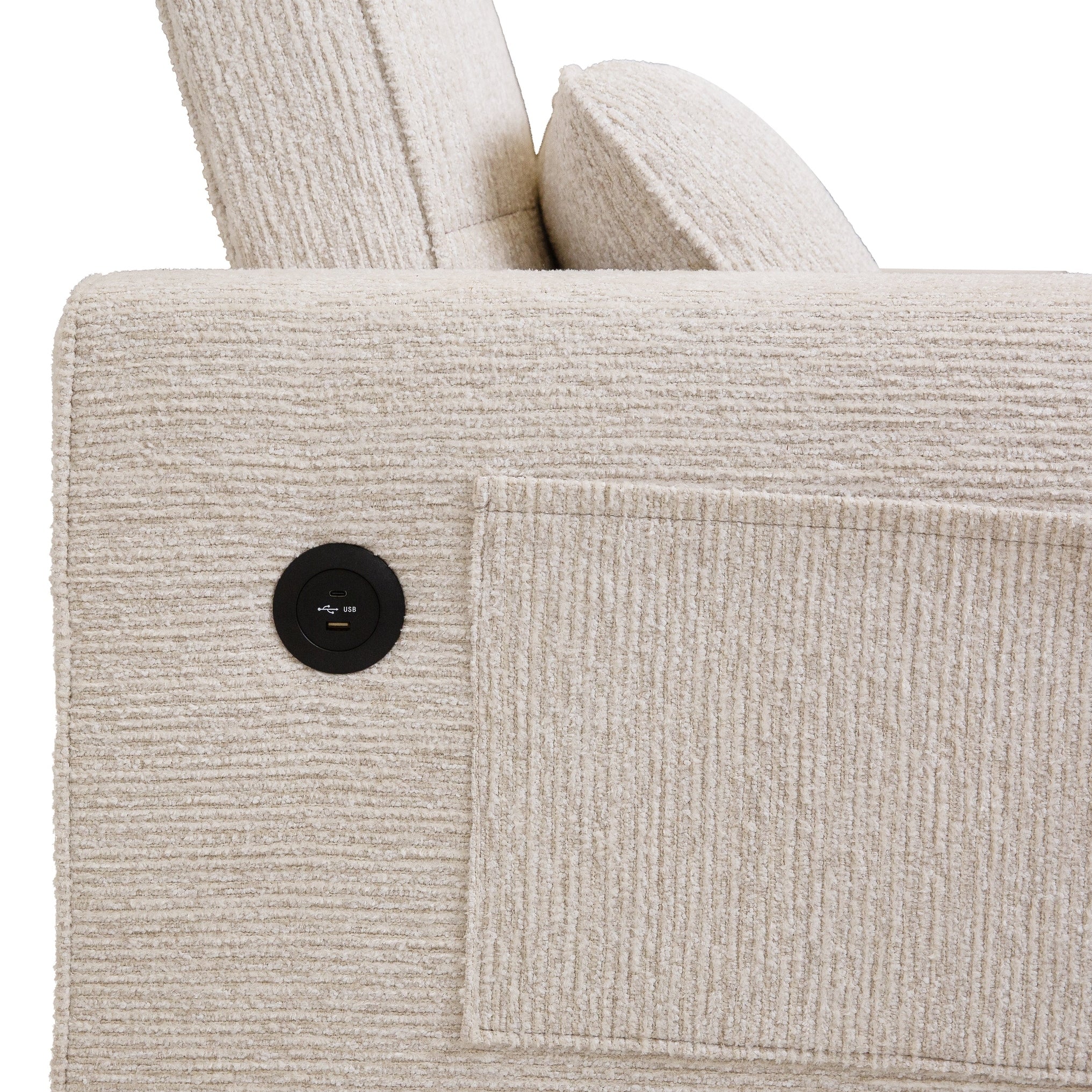 Front view of the Hedal Sofa Sectional Sleeper in cream textured fabric with matching throw pillows
