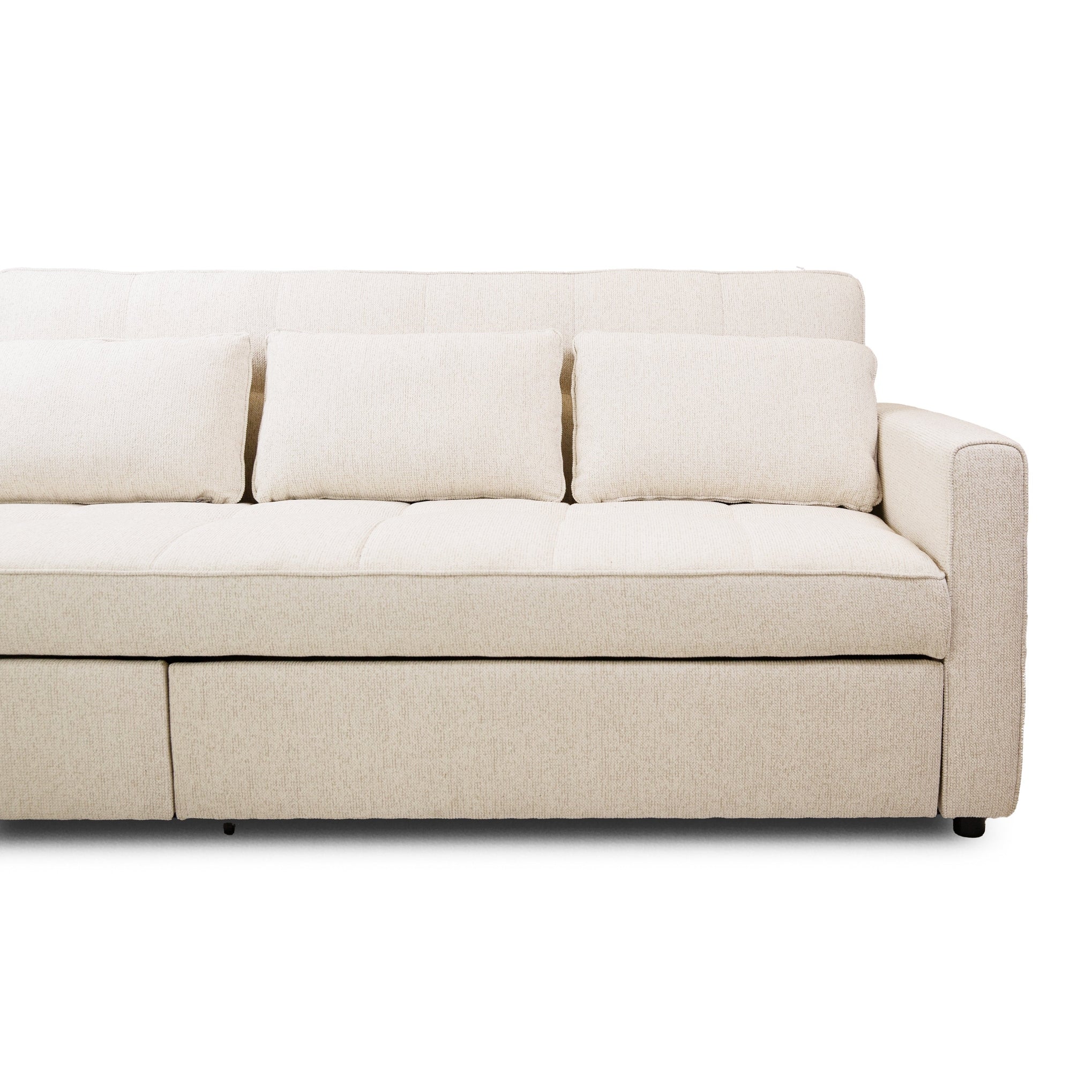 Front view of the Hedal Sofa Sectional Sleeper in cream textured fabric with matching throw pillows