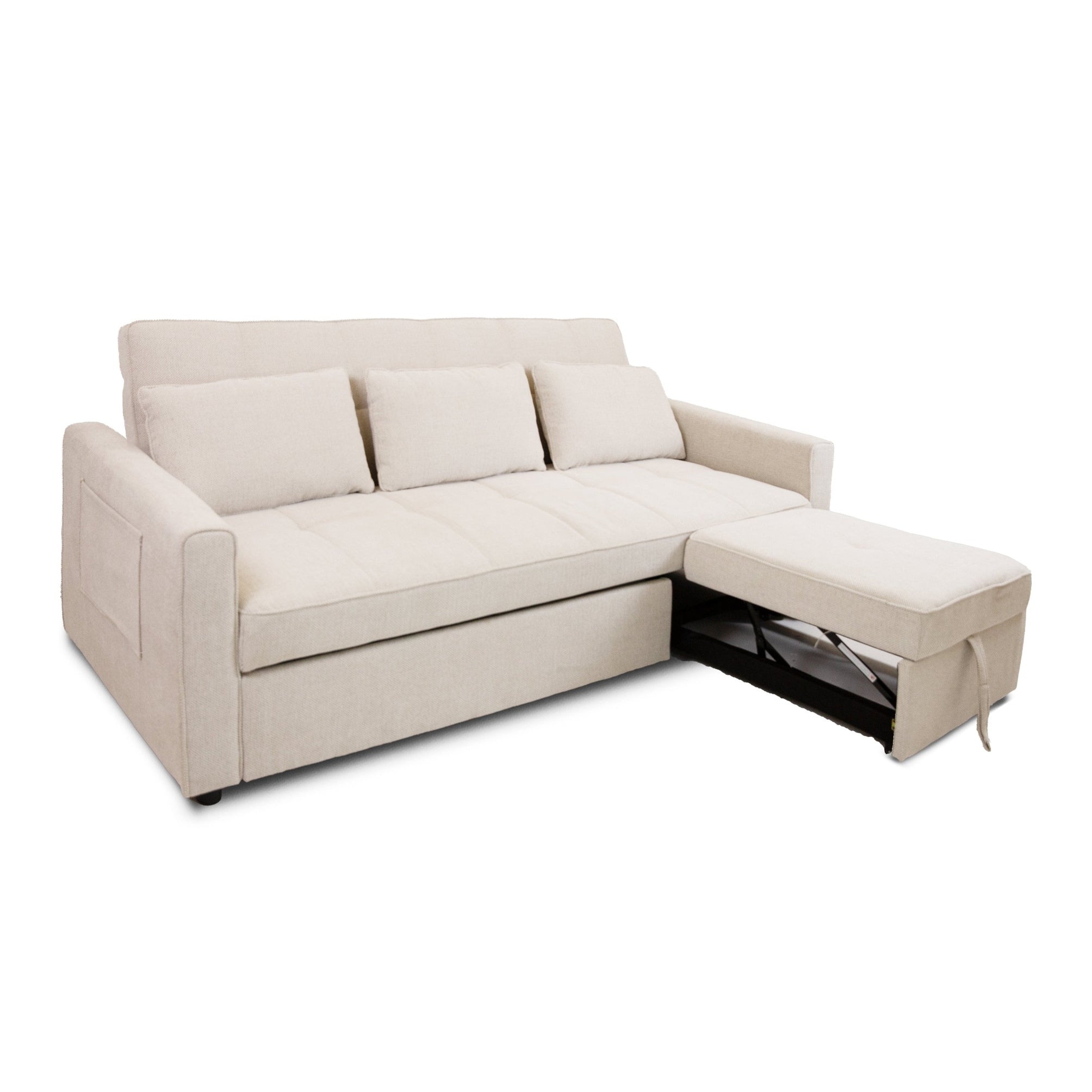 Front view of the Hedal Sofa Sectional Sleeper in cream textured fabric with matching throw pillows