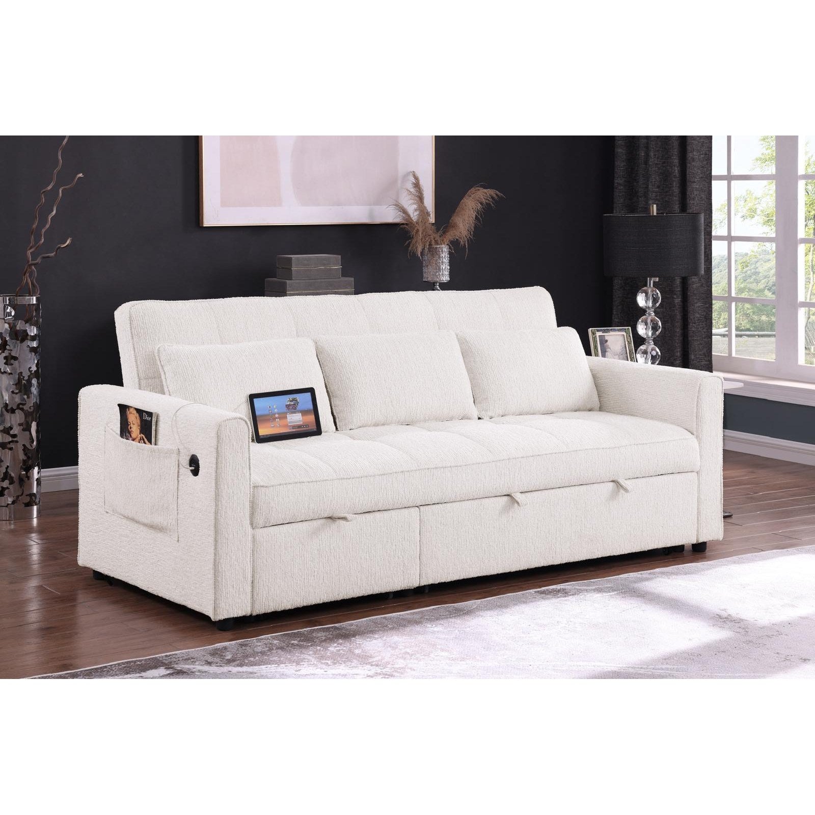 Front view of the Hedal Sofa Sectional Sleeper in cream textured fabric with matching throw pillows