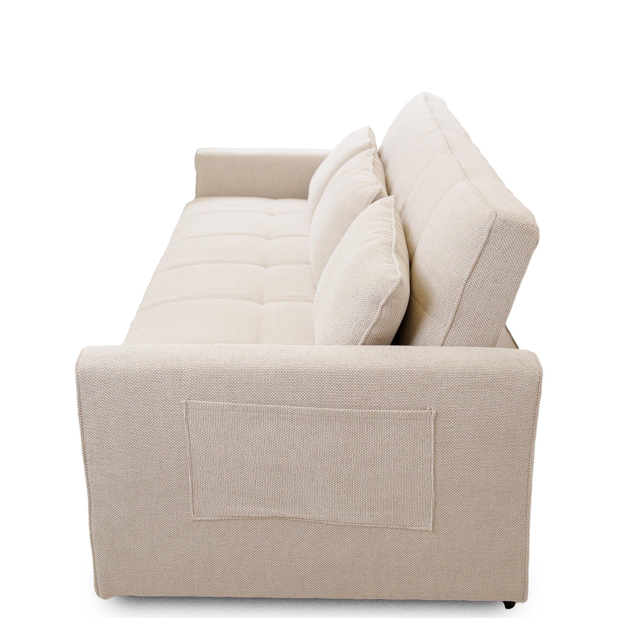 Front view of the Hedal Sofa Sectional Sleeper in cream textured fabric with matching throw pillows