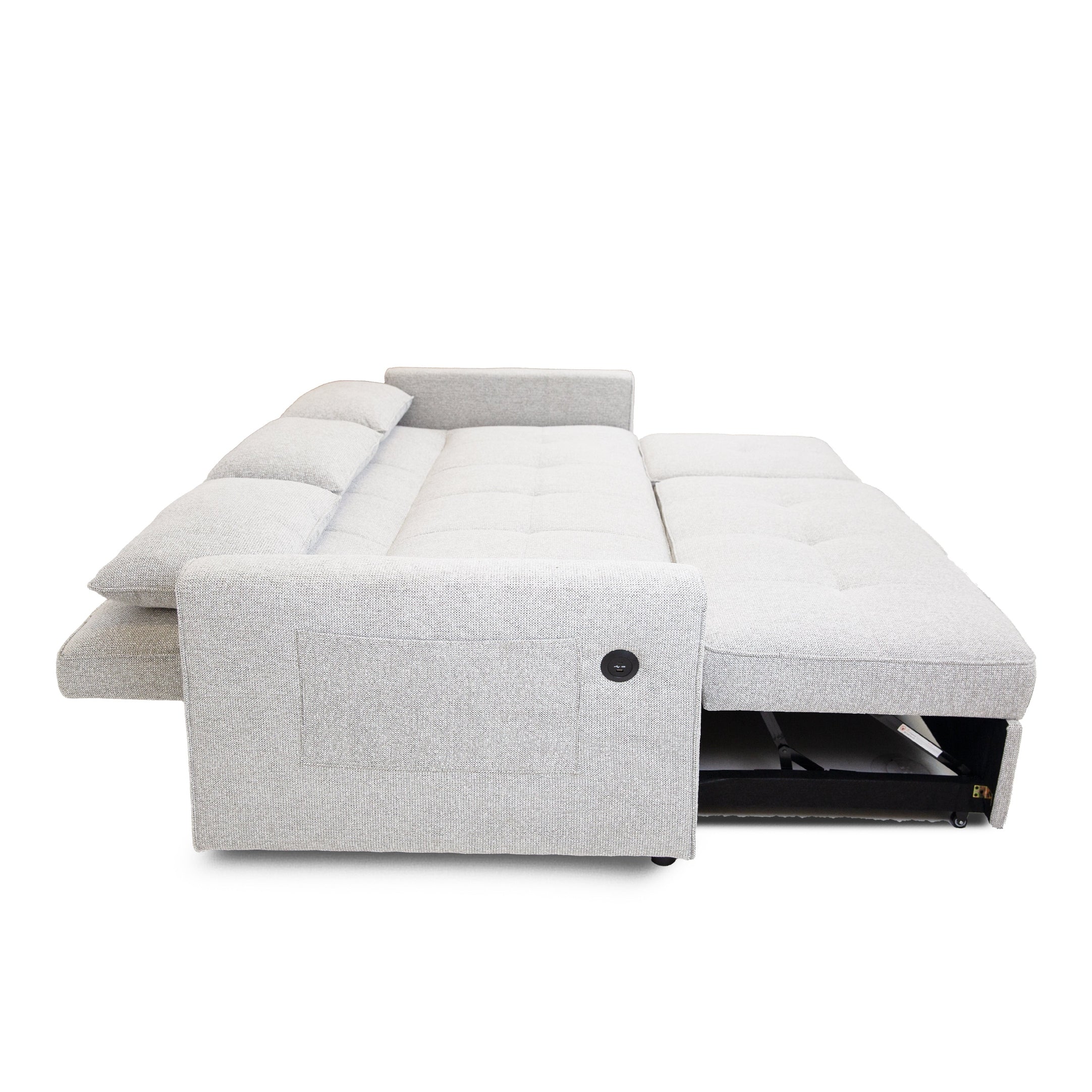 Front view of the Hedal Sofa Sectional Sleeper in cream textured fabric with matching throw pillows