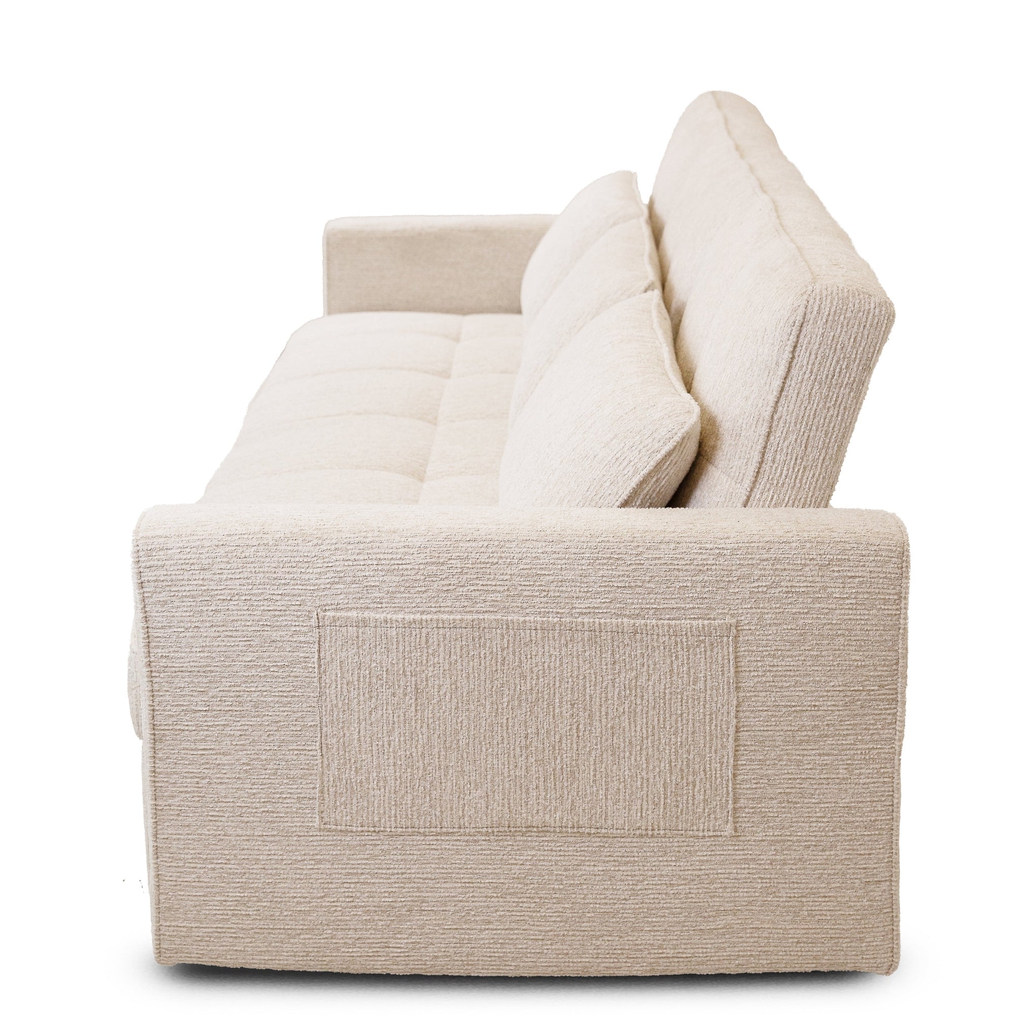 Front view of the Hedal Sofa Sectional Sleeper in cream textured fabric with matching throw pillows