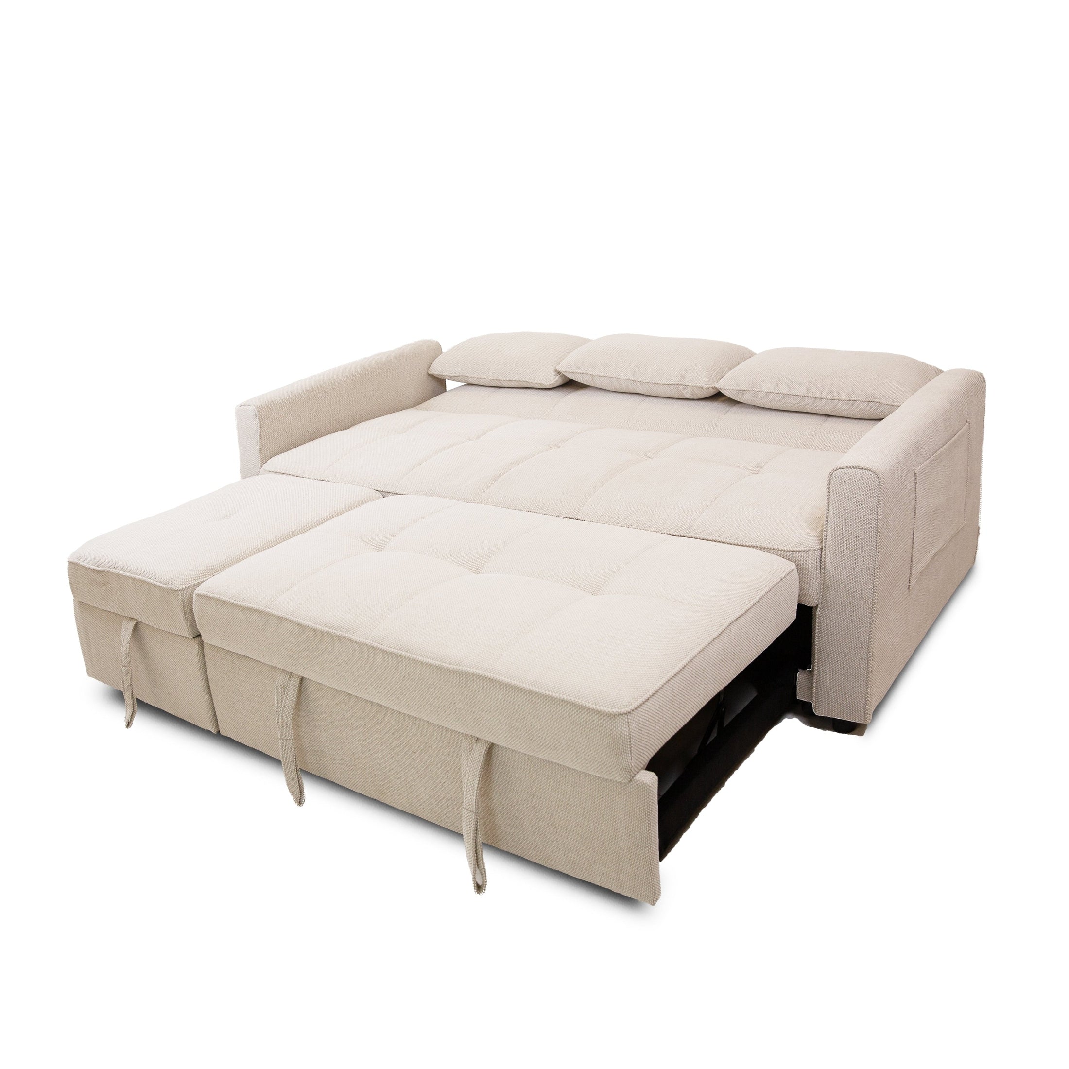 Front view of the Hedal Sofa Sectional Sleeper in cream textured fabric with matching throw pillows