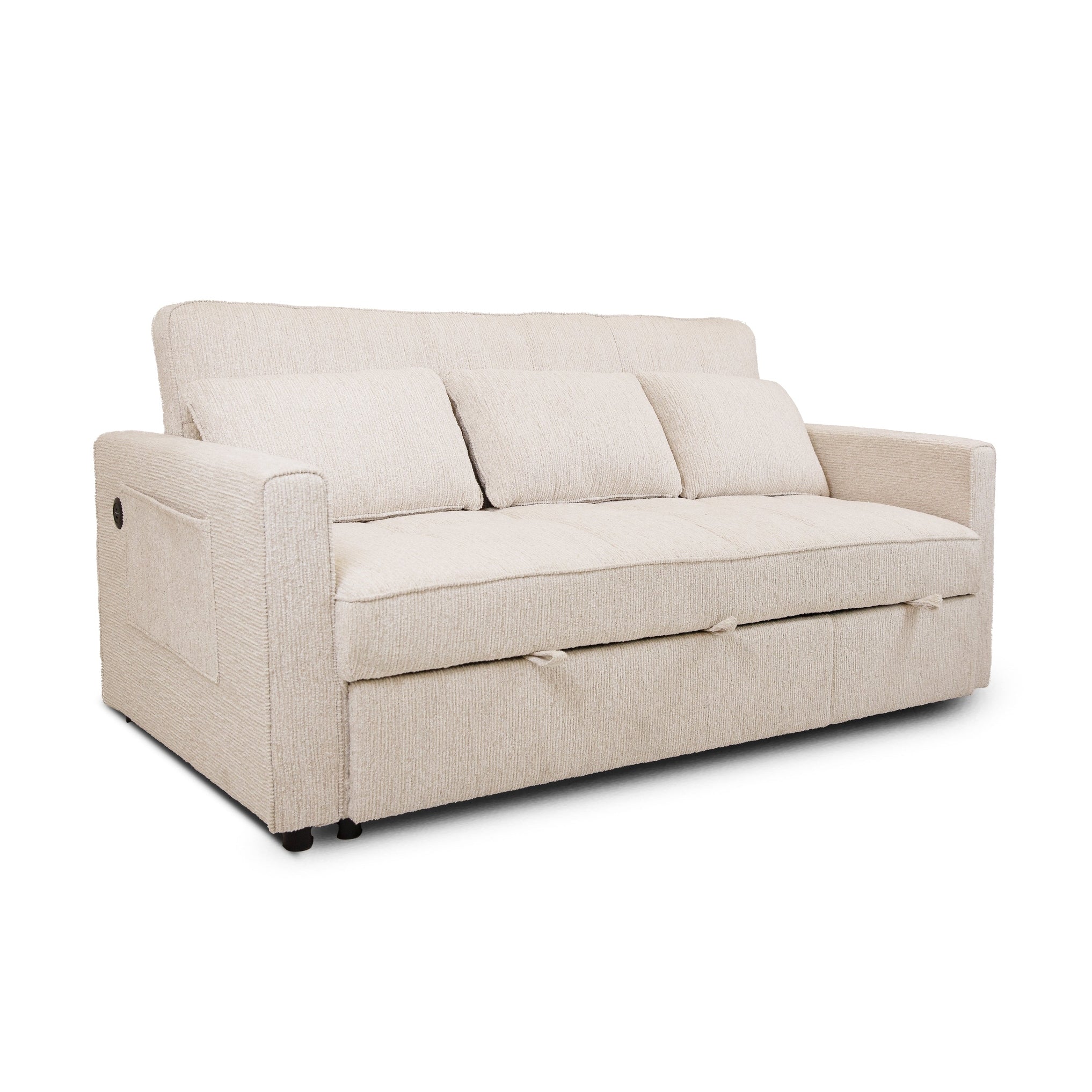 Front view of the Hedal Sofa Sectional Sleeper in cream textured fabric with matching throw pillows