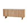 Front perspective view of the Hedron sideboard featuring vertical fluted oak wood panels and a white marble top surface