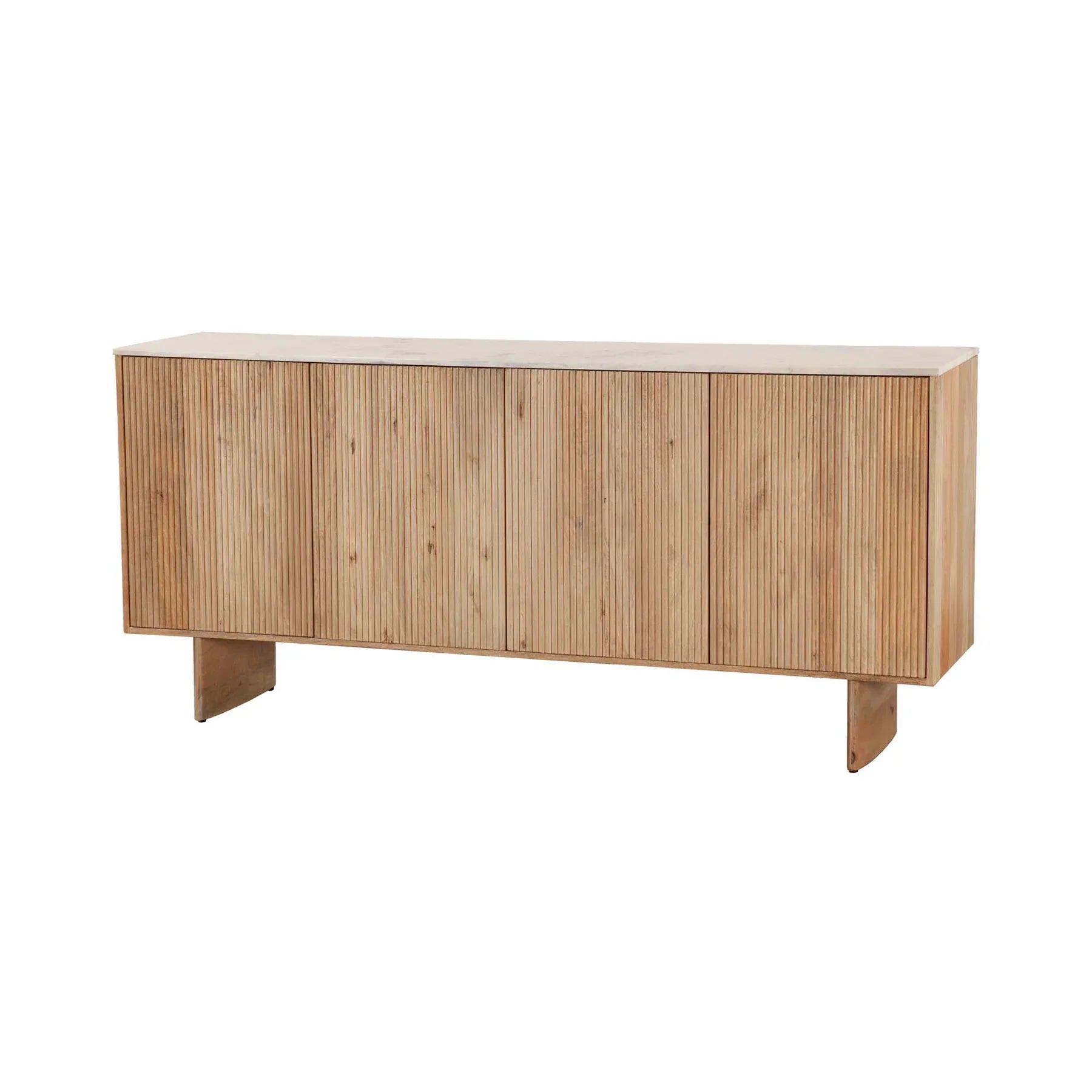 Front perspective view of the Hedron sideboard featuring vertical fluted oak wood panels and a white marble top surface