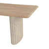 Close-up perspective highlighting the textured vertical fluting on the pedestal base and the smooth wood finish