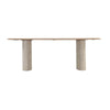 Front view of the Hedron dining table in a natural oak finish featuring rounded corners and two thick ribbed pedestal legs