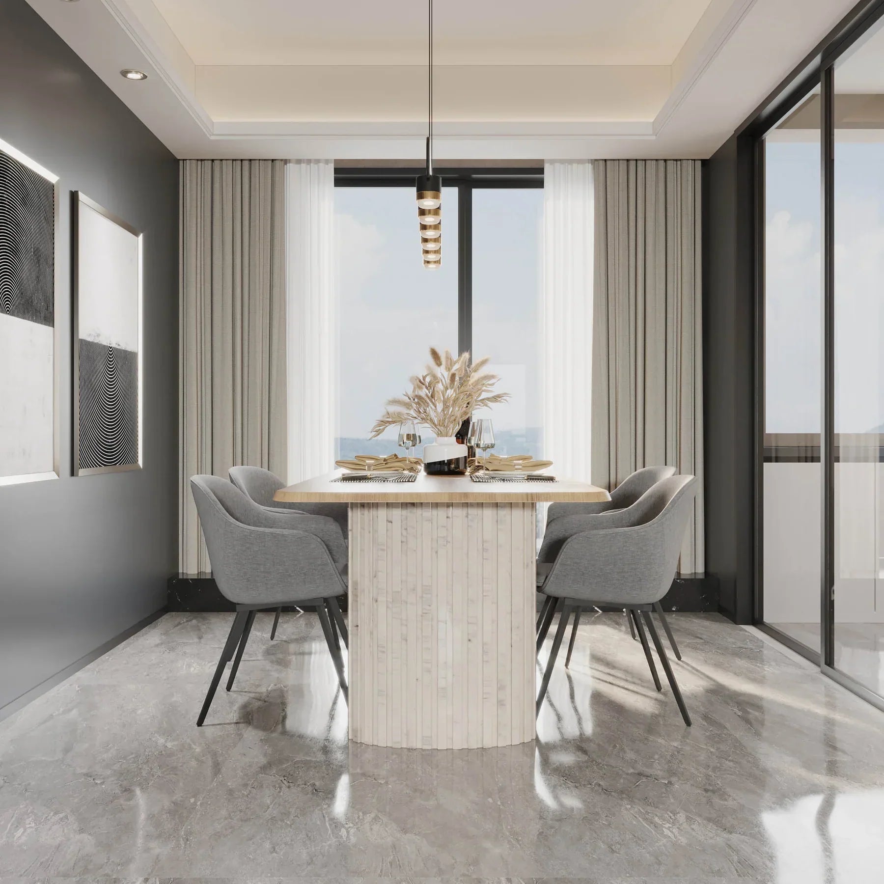 Front view of the Hedron dining table in a natural oak finish featuring rounded corners and two thick ribbed pedestal legs