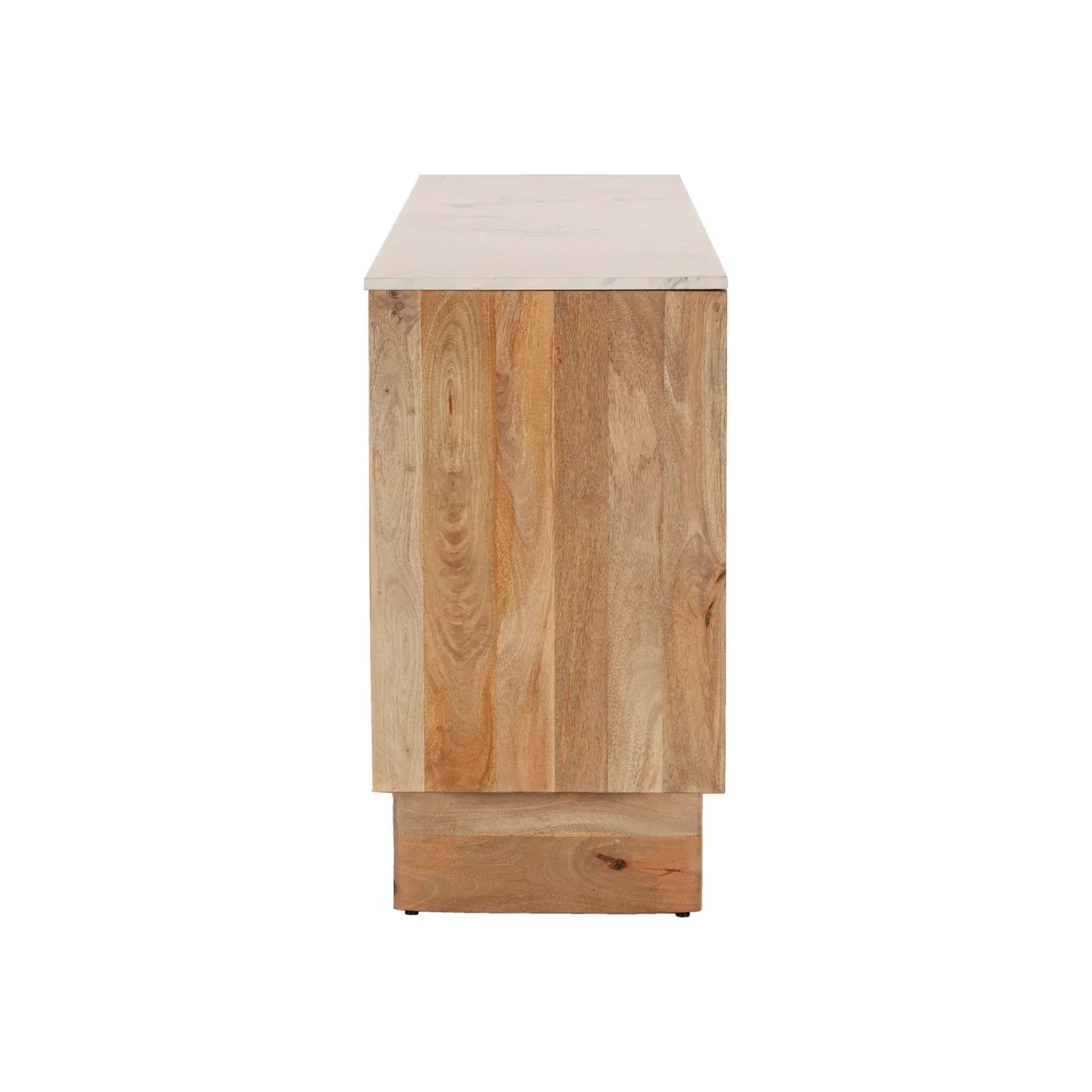 Front perspective view of the Hedron sideboard featuring vertical fluted oak wood panels and a white marble top surface