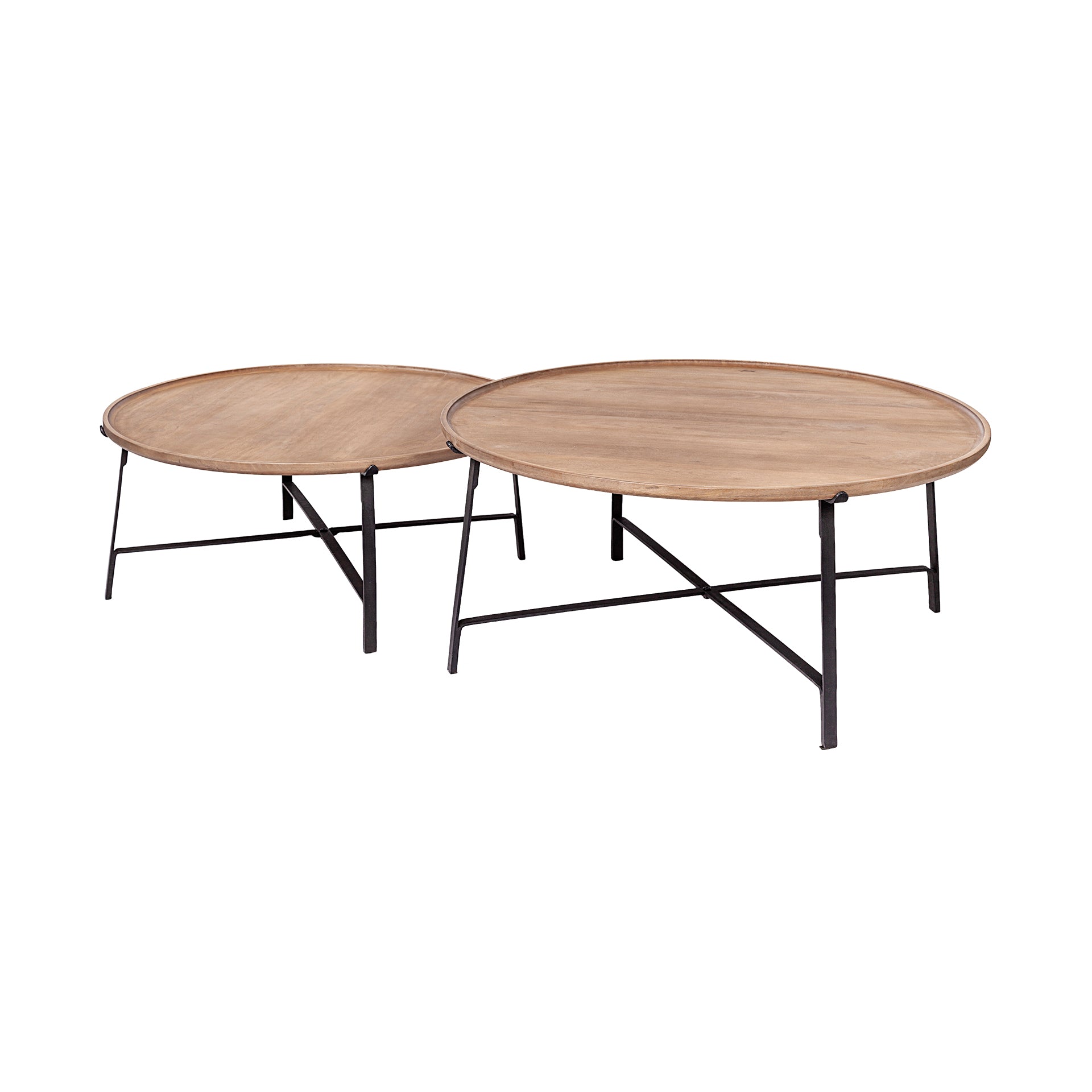 Front view of the Helios nesting table set featuring two round brown solid wood tops and minimalist black metal X-style bases