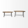 Product shot showing the two circular wood tables side-by-side to highlight the graduated heights and matching industrial metal frames