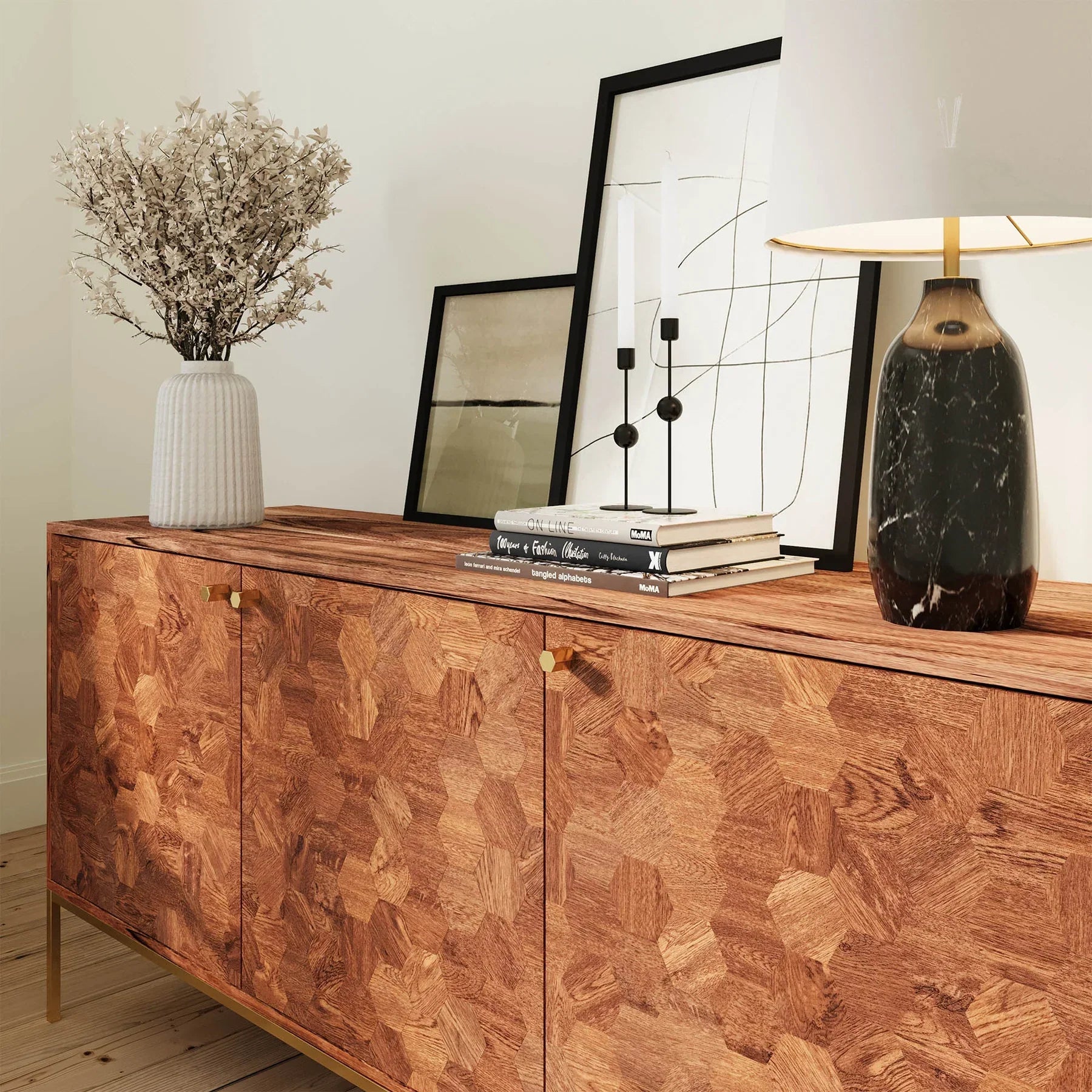 Straight-on front view showcasing the seamless symmetrical hexagonal wood patterns across the three storage doors