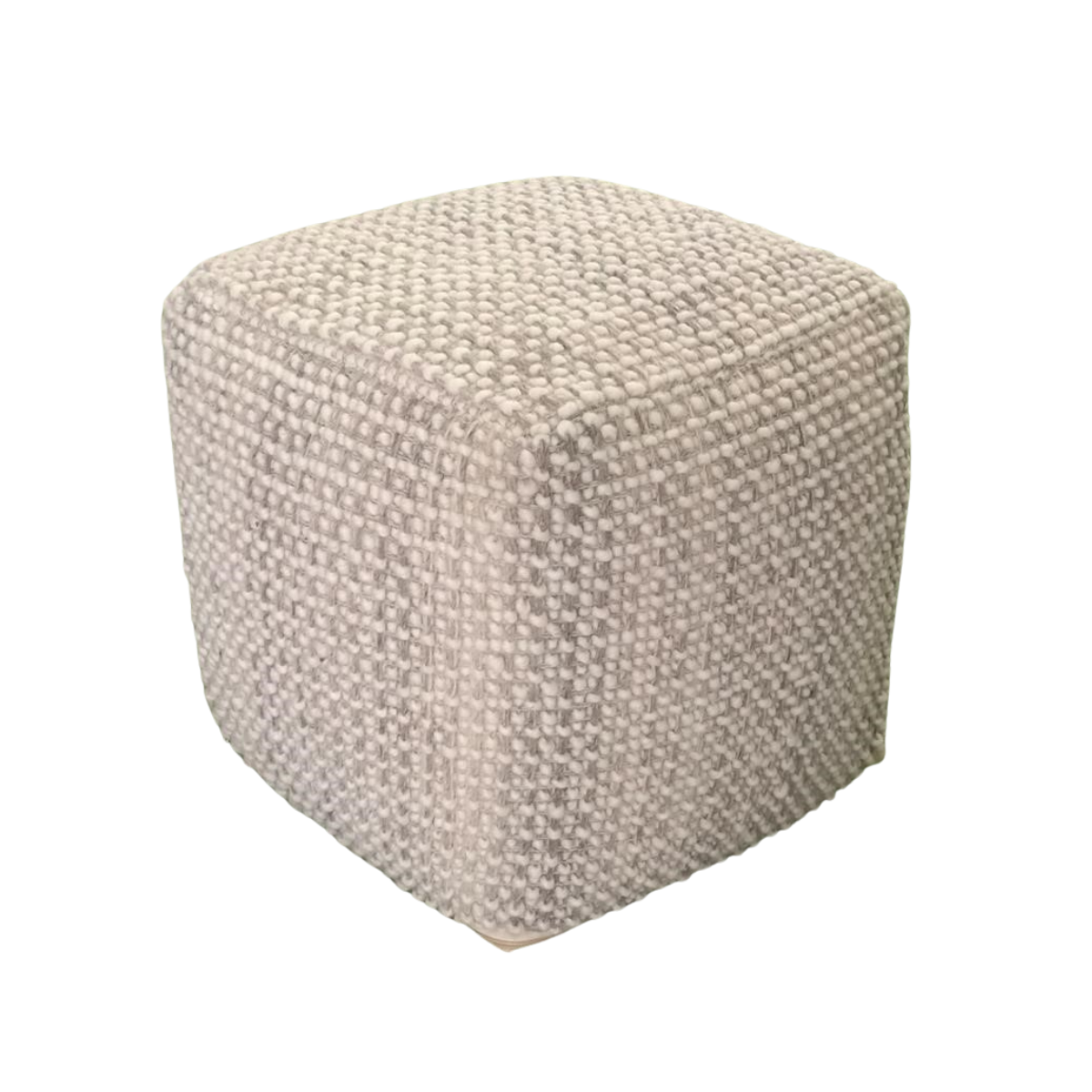 Front view of the Highland cubic pouf featuring a chunky cream and gray textured weave and soft structured edges