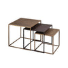 Front view of the Himalaya nesting table set featuring three square tables with varying heights, bronze and dark wood tops, and minimalist metal frames