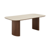 Alternative angled perspective showcasing the smooth light-colored surface and the warm wood grain of the dual pedestal support