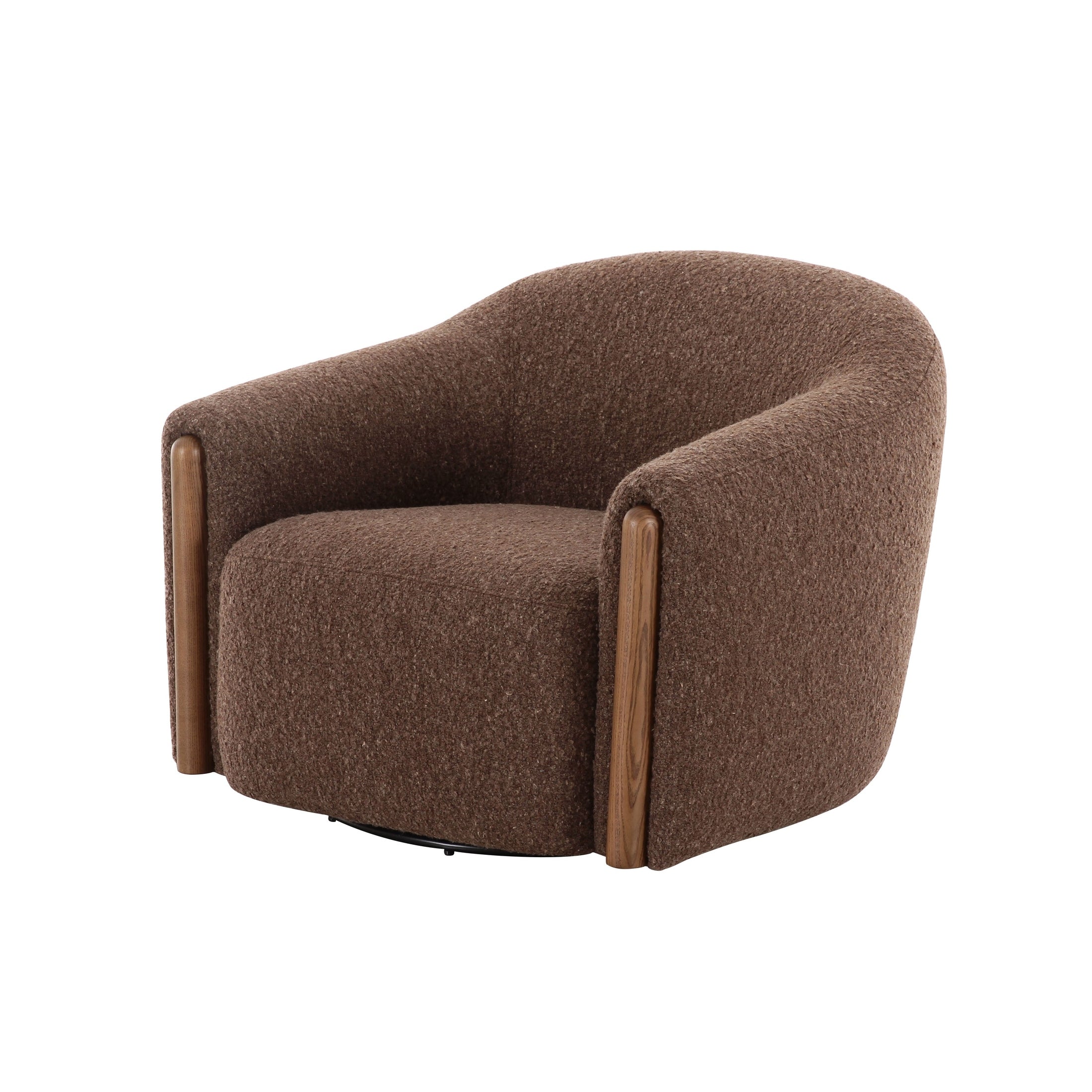 Three-quarter perspective of the coffee brown Holmvik chair highlighting the thick sculptural legs and deep plush seat