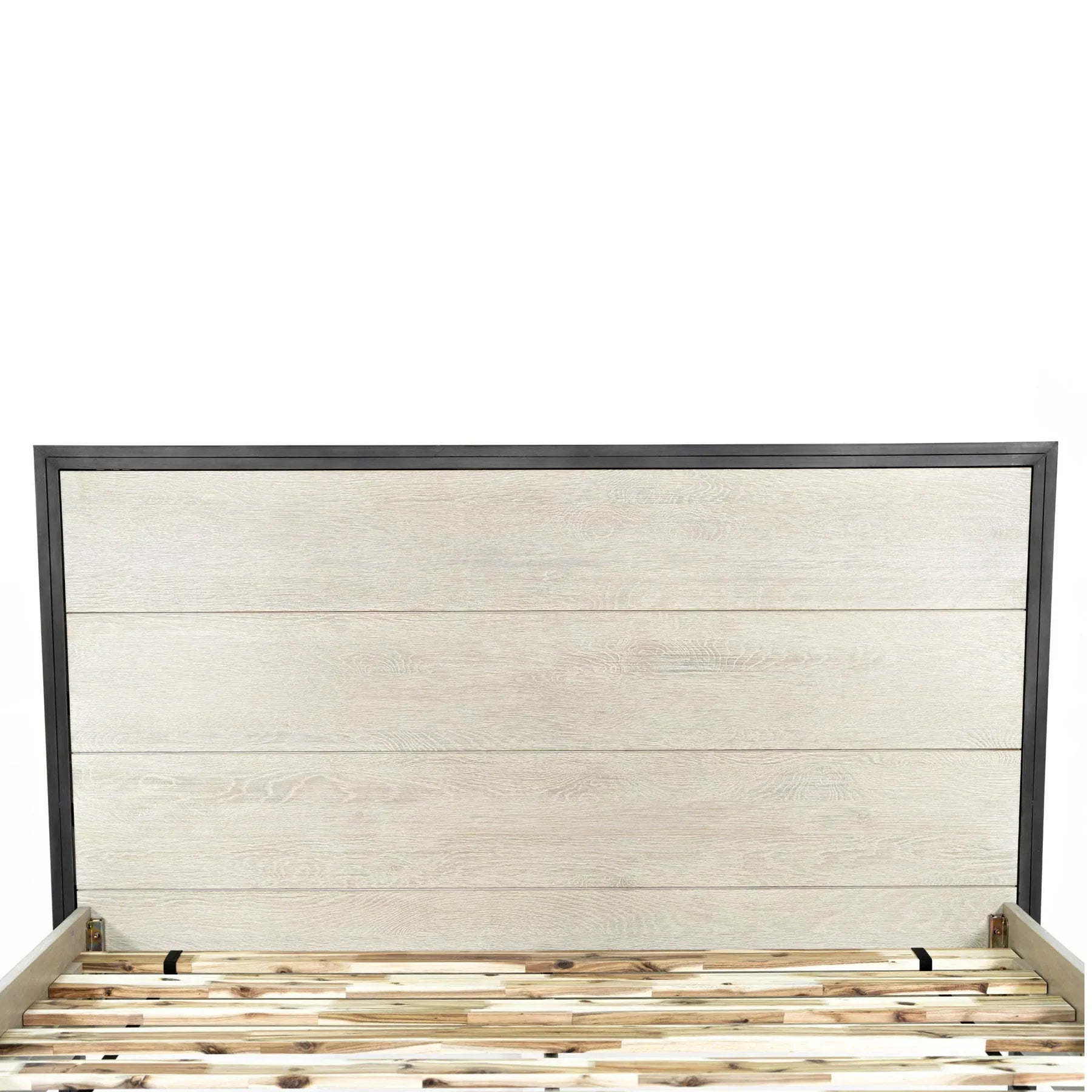Close-up shot focusing on the natural wood grain of the horizontal oak panels within the black metal headboard frame