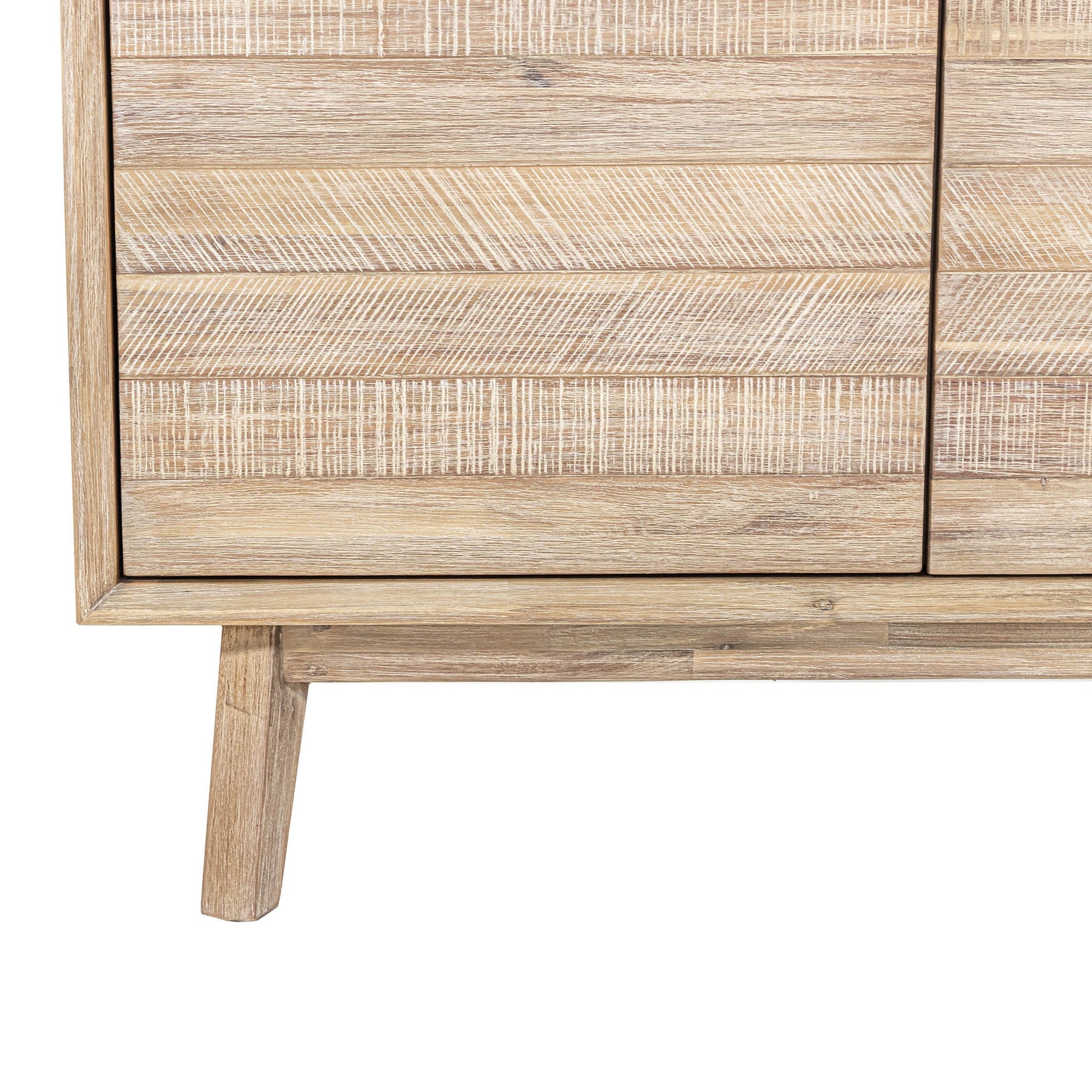 Front perspective view of the Gia sideboard featuring natural wood construction with horizontal textured paneling and three top drawers