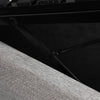 Detailed view of the sturdy hydraulic lift system and black internal storage base construction