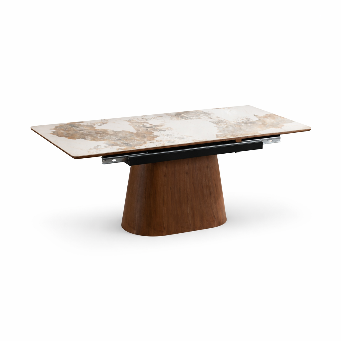 Front view of the Hyld extendable dining table featuring a white patterned ceramic top and a substantial walnut-finished wood pedestal base