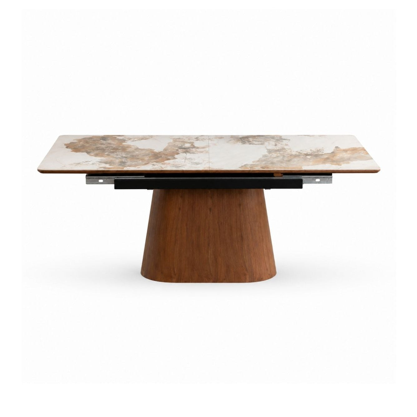 Front view of the Hyld extendable dining table featuring a white patterned ceramic top and a substantial walnut-finished wood pedestal base