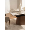 Close-up perspective focusing on the geometric wood pedestal base and the warm walnut grain finish