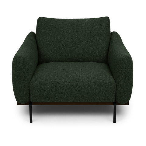 Front view of the Idony Accent Chair in off-white textured bouclé with a dark wood frame and black metal legs