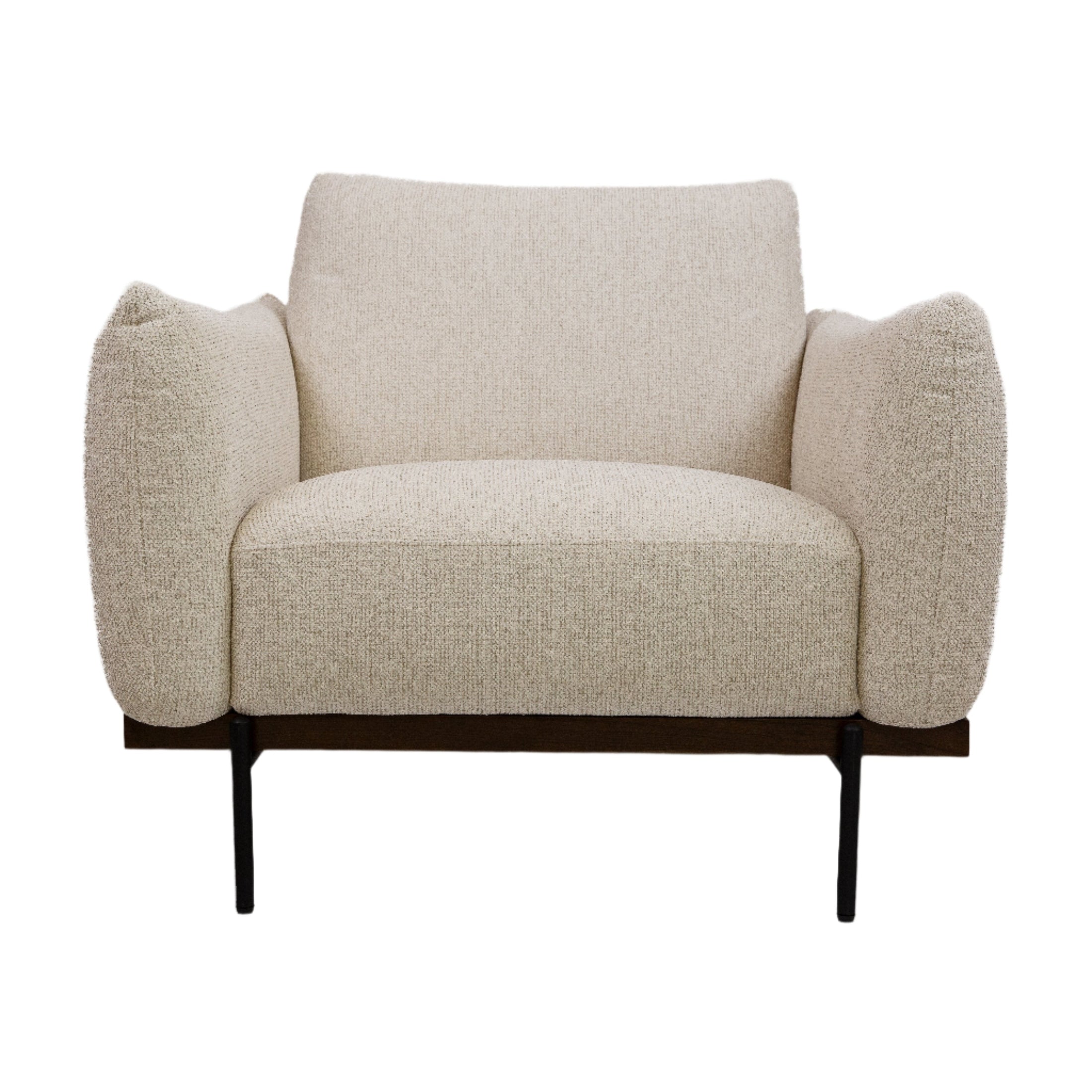 Front view of the Idony Accent Chair in off-white textured bouclé with a dark wood frame and black metal legs