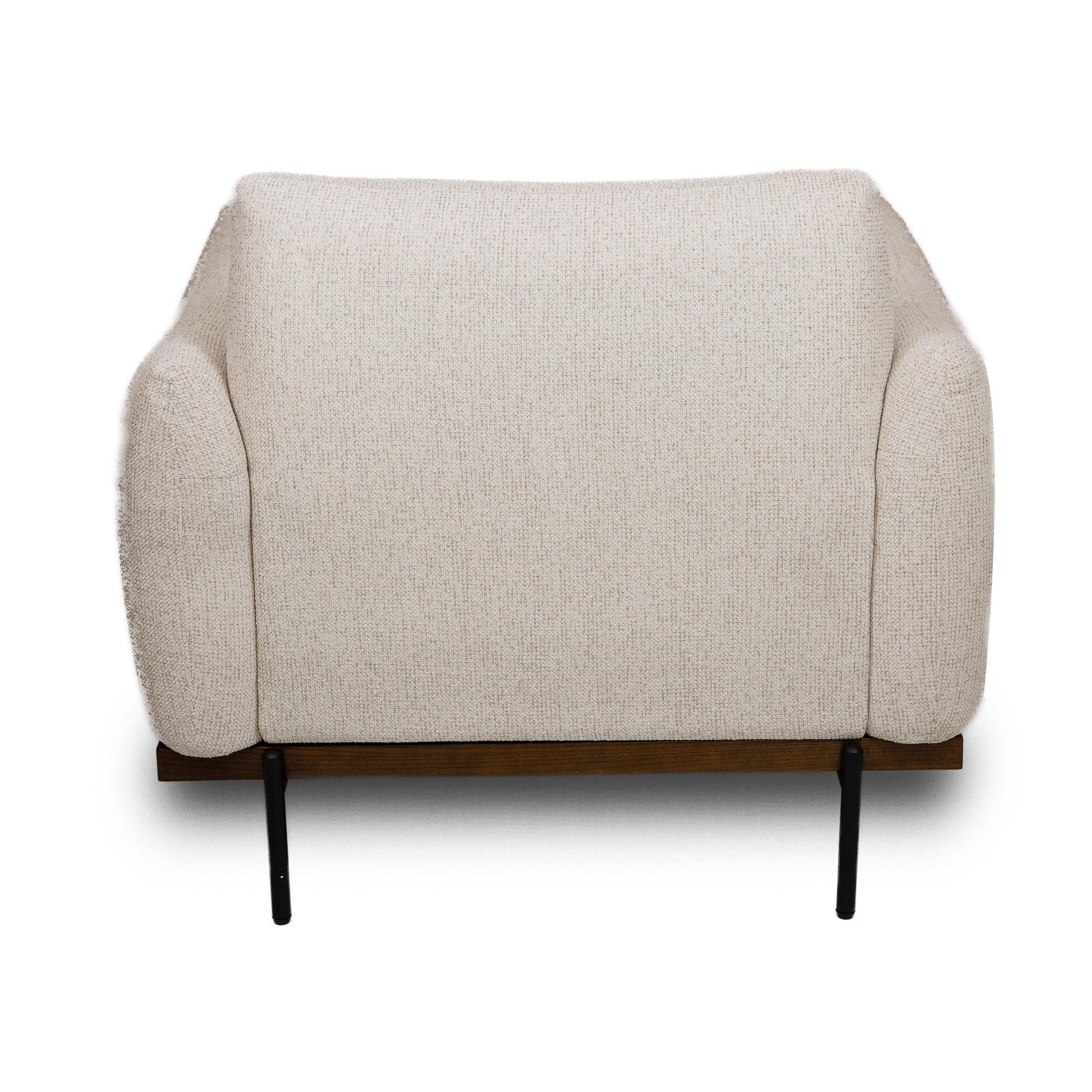 Front view of the Idony Accent Chair in off-white textured bouclé with a dark wood frame and black metal legs