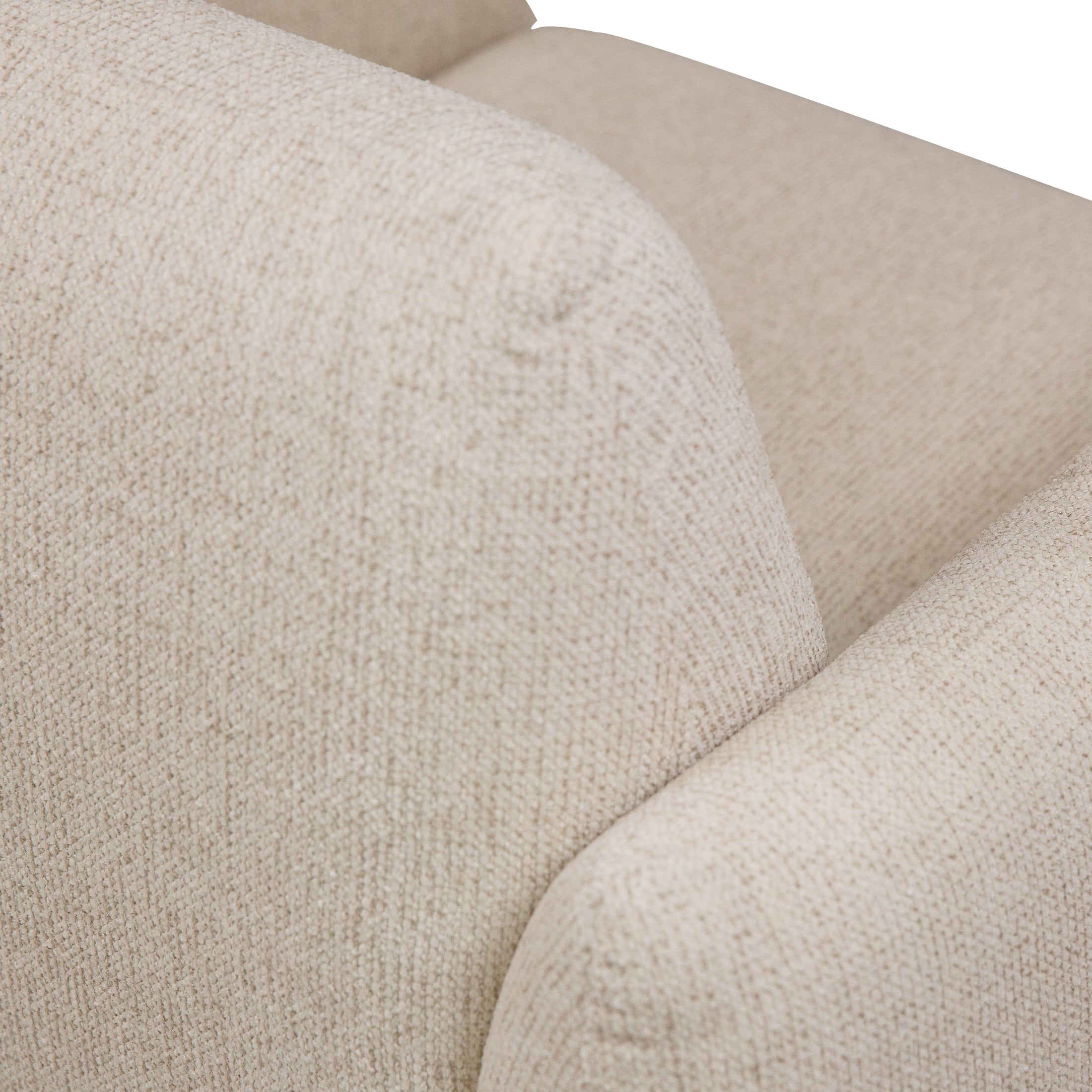 Front view of the Idony Accent Chair in off-white textured bouclé with a dark wood frame and black metal legs