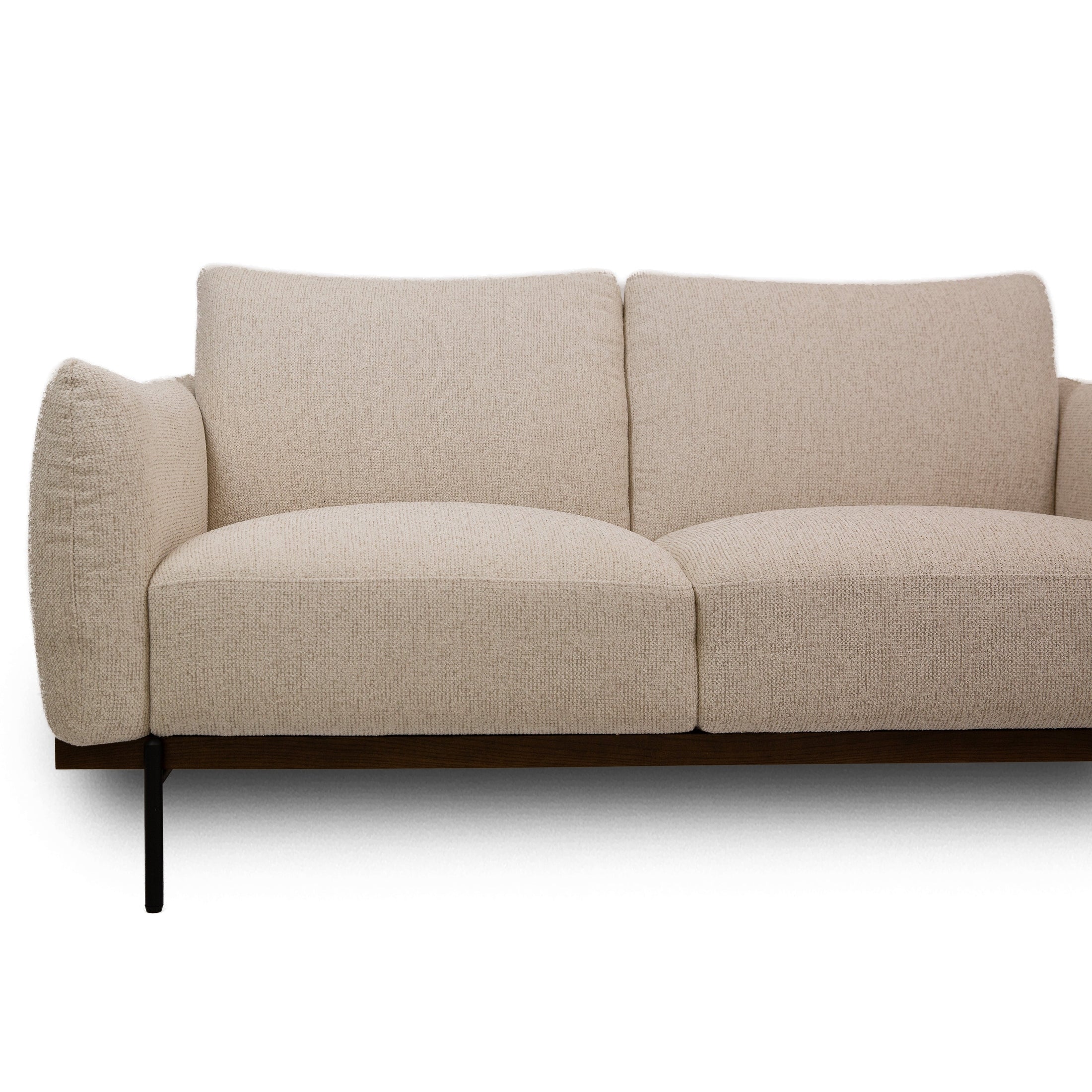Straight front view of the Idony Loveseat in beige boucle fabric with slim black legs