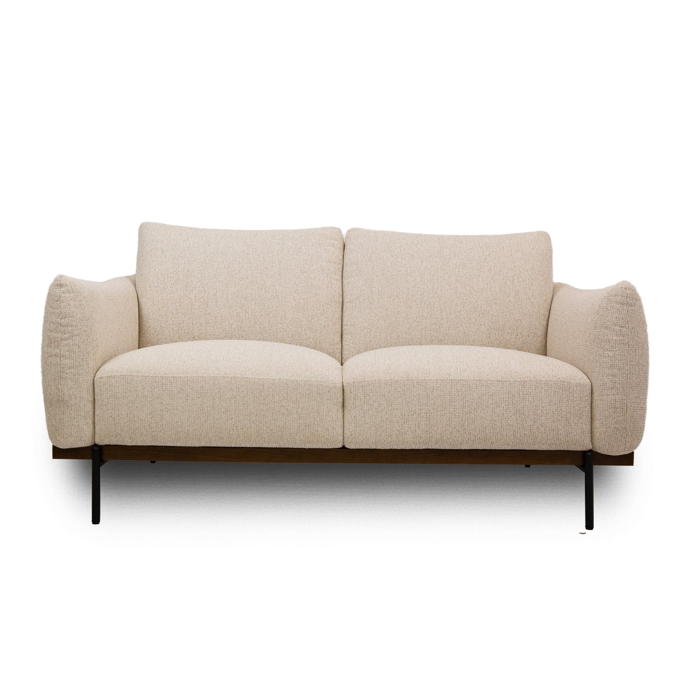 Straight front view of the Idony Loveseat in beige boucle fabric with slim black legs