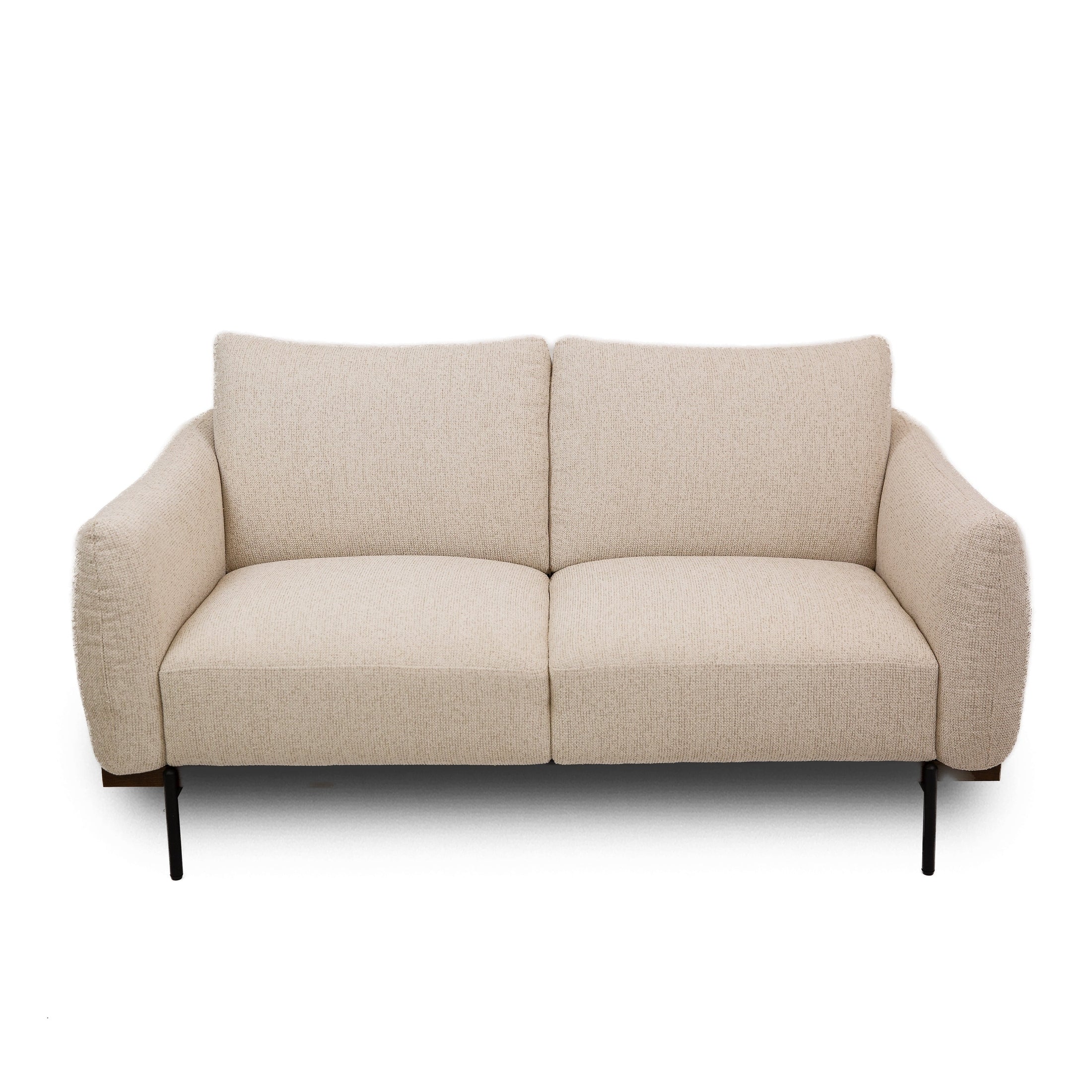 Straight front view of the Idony Loveseat in beige boucle fabric with slim black legs