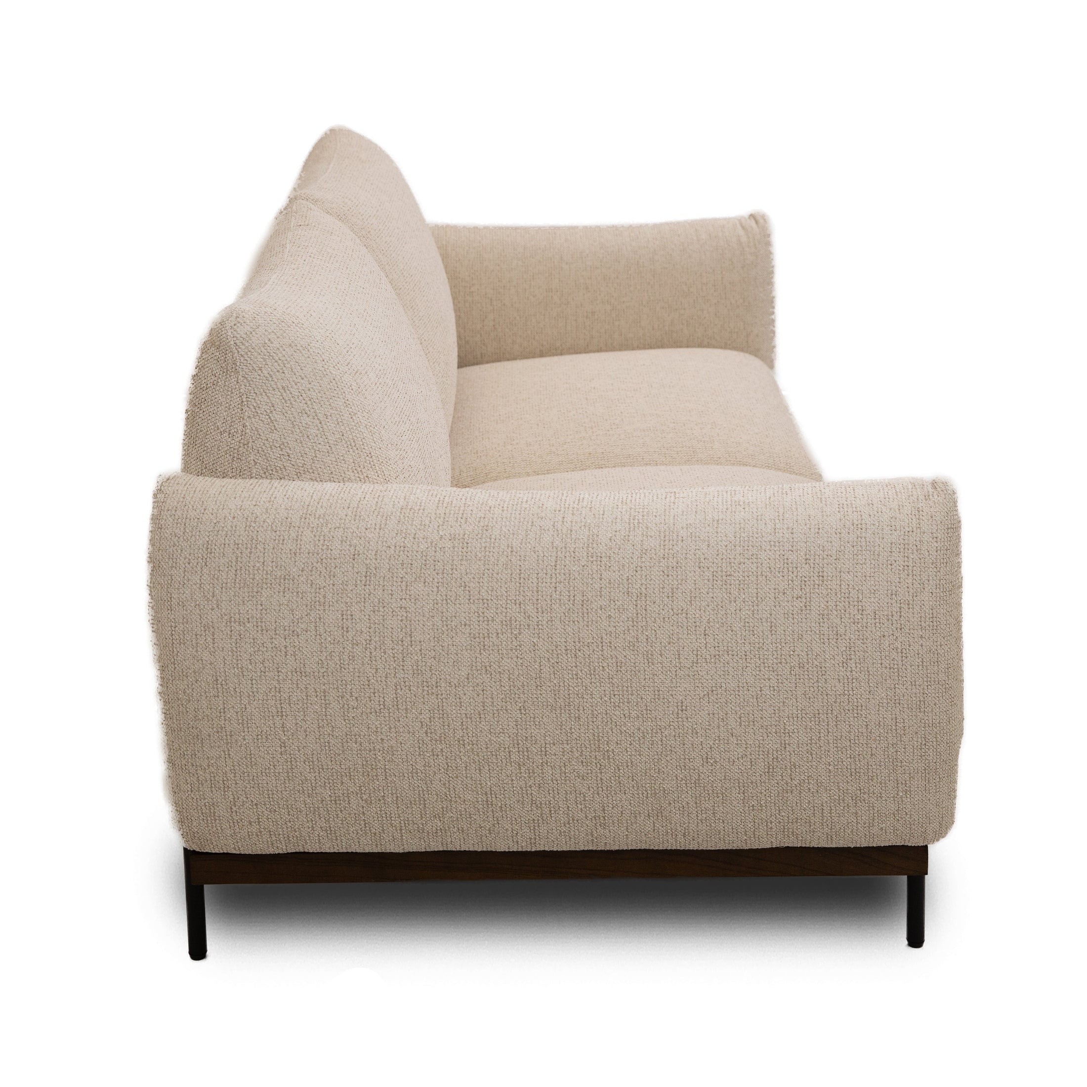 Straight front view of the Idony Loveseat in beige boucle fabric with slim black legs