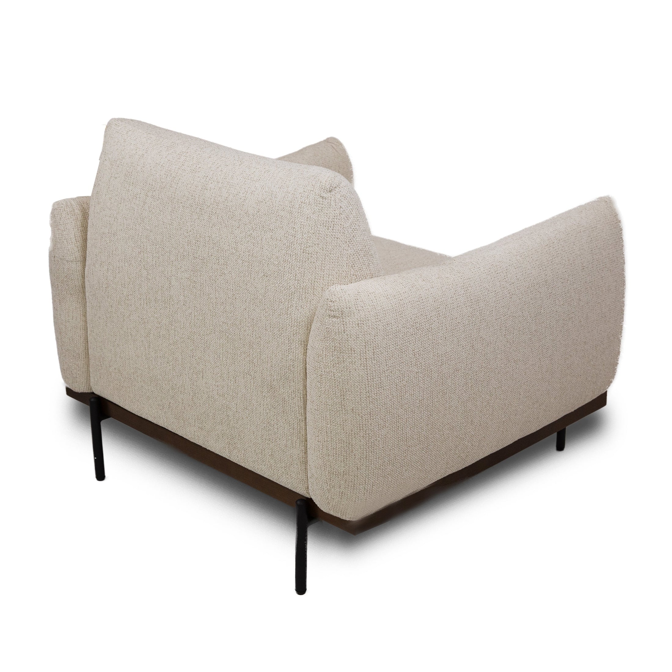 Front view of the Idony Accent Chair in off-white textured bouclé with a dark wood frame and black metal legs