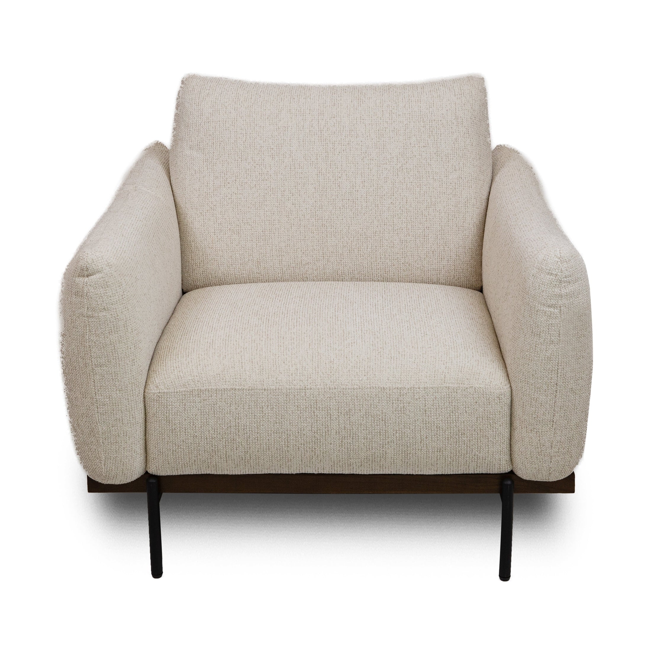 Front view of the Idony Accent Chair in off-white textured bouclé with a dark wood frame and black metal legs
