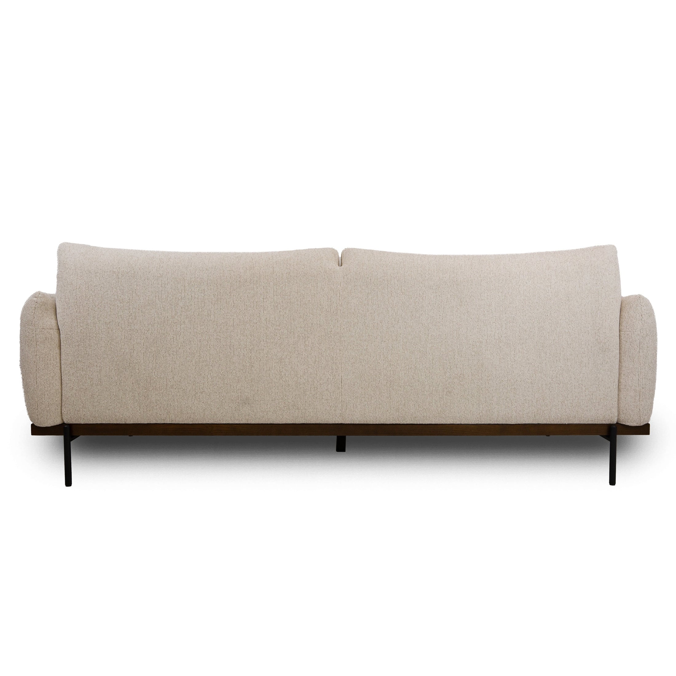Back view of Idony sofa in beige textured fabric with wooden base and slim black metal legs