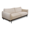 Idony modern beige fabric sofa with curved arms, wooden base, and slim black metal legs in angled view
