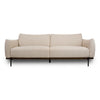 Idony beige modern fabric sofa with curved arms and sleek wooden base on a white background