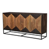 Three-quarter perspective view of the Illusion sideboard featuring a rich natural mango wood finish and dark-stained geometric diamond inlay across four doors