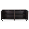 Front view with cabinet doors open revealing a spacious dark wood interior with a full-length fixed storage shelf
