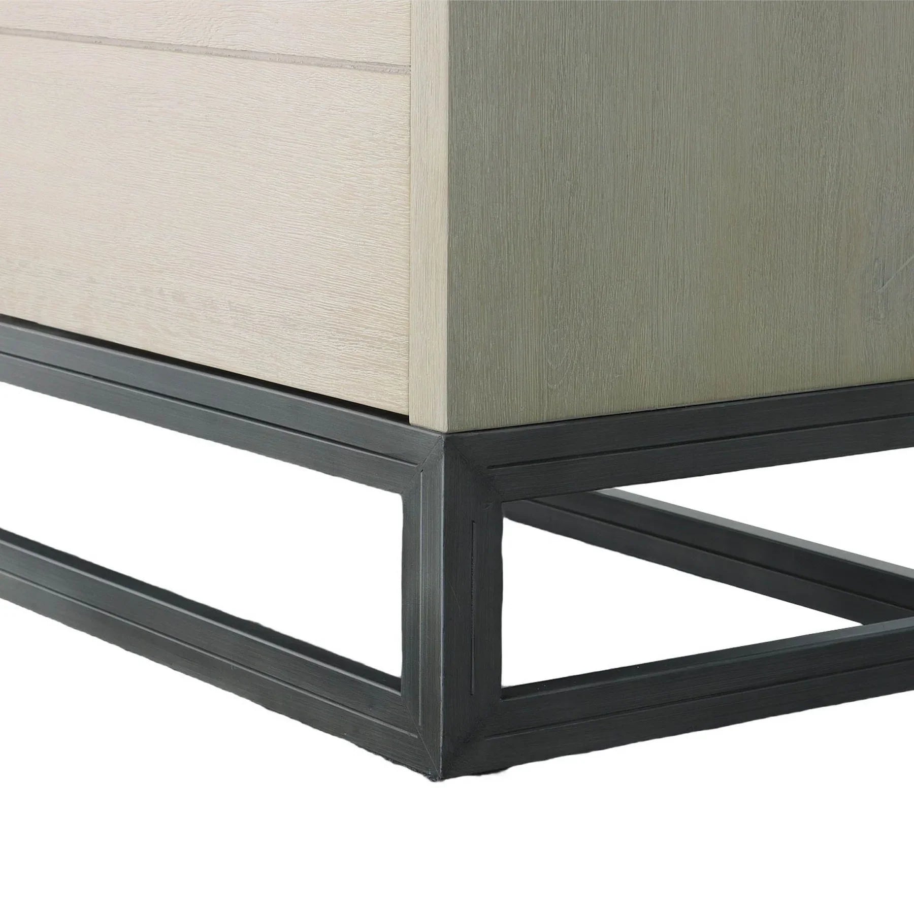 Front perspective view of the Starlight sideboard featuring a white ash wood finish, six storage drawers, and a black industrial metal sled base