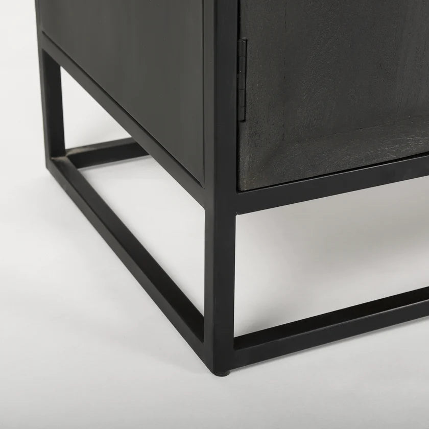 Straight-on front view of the Sloan arch cabinet featuring a matte black finish and natural wood interior shelves