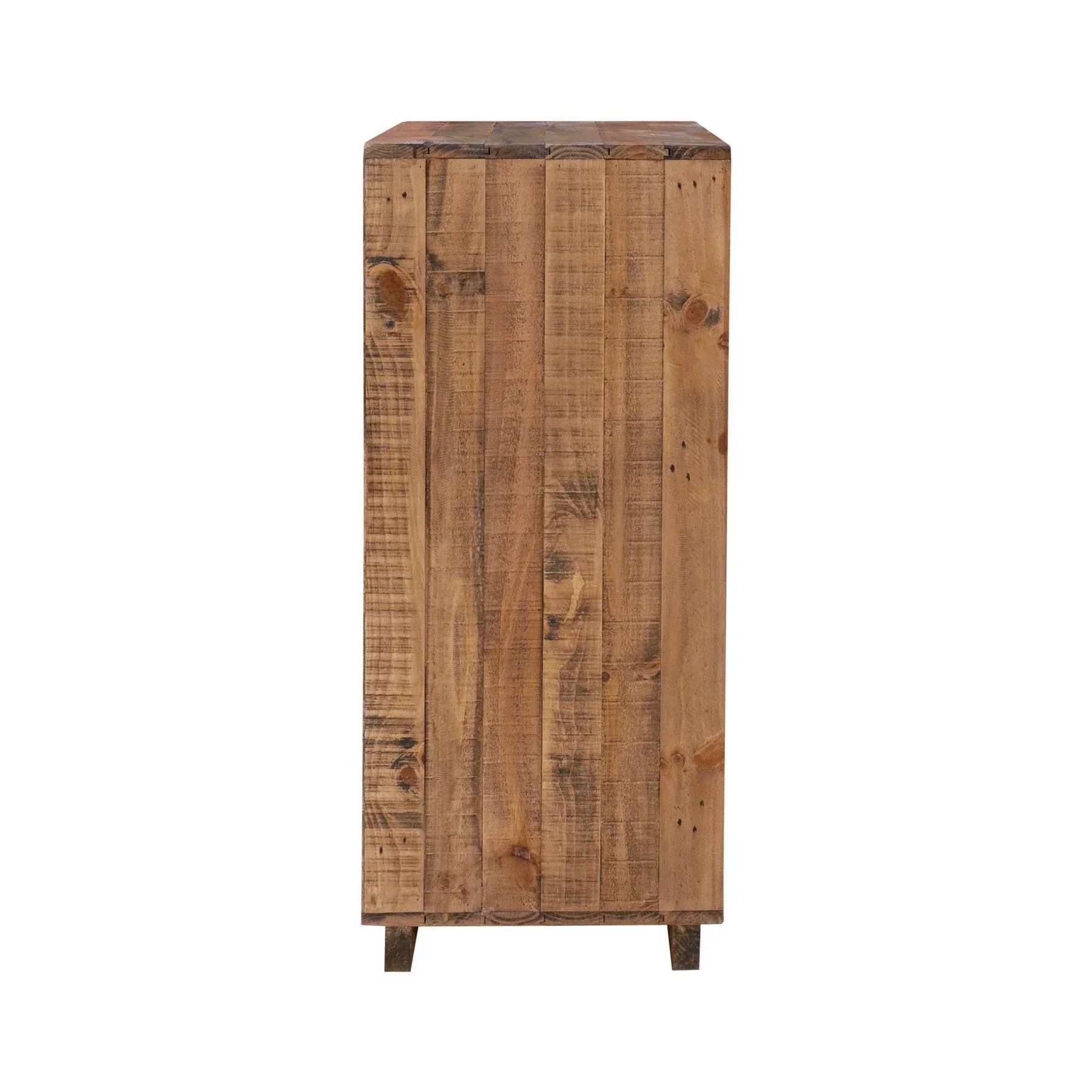 Side profile view emphasizing the deep storage capacity and the clean vertical lines of the reclaimed wood frame