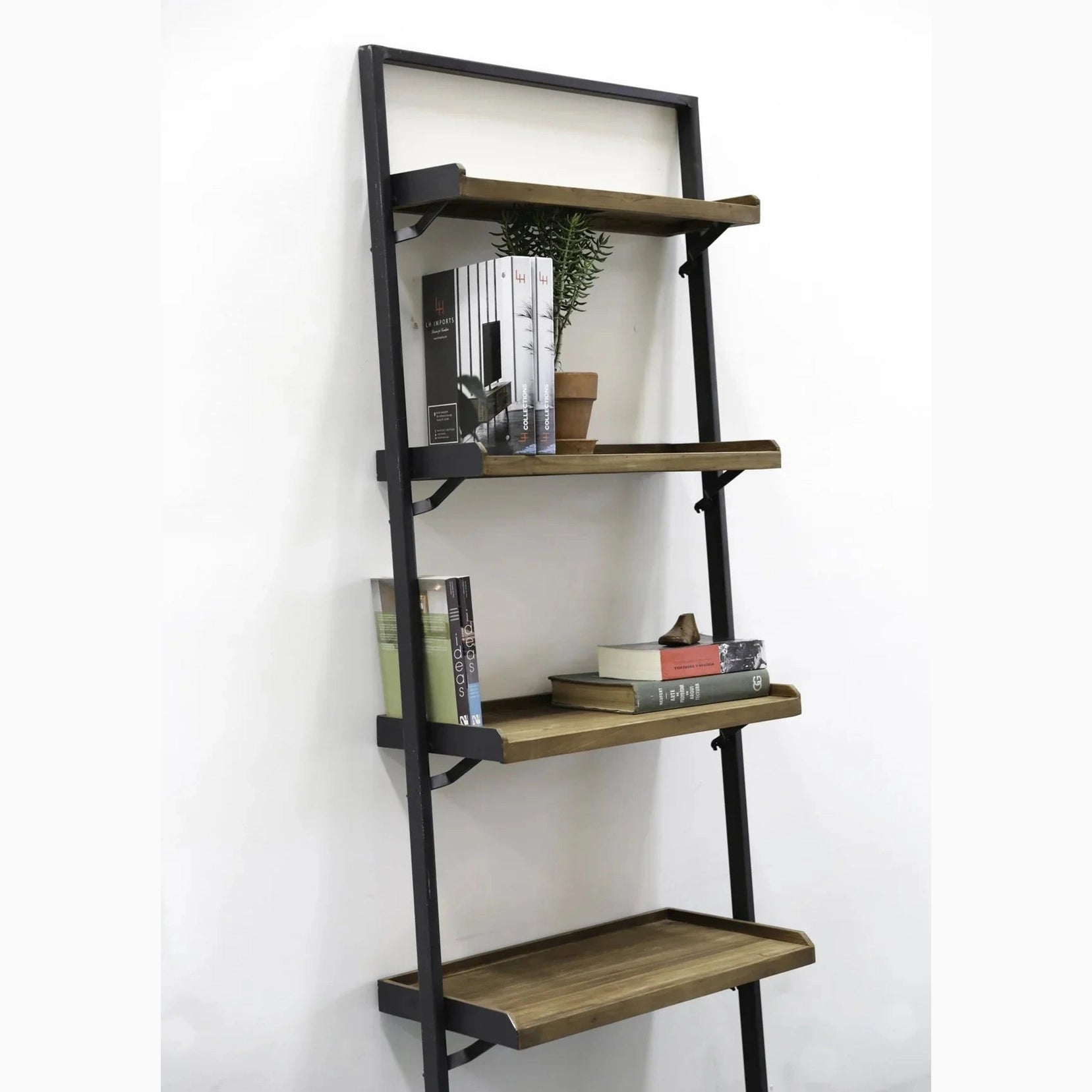 Straight-on front view of the D-Bodhi wall rack featuring a slim black metal frame and four reclaimed wood tray shelves