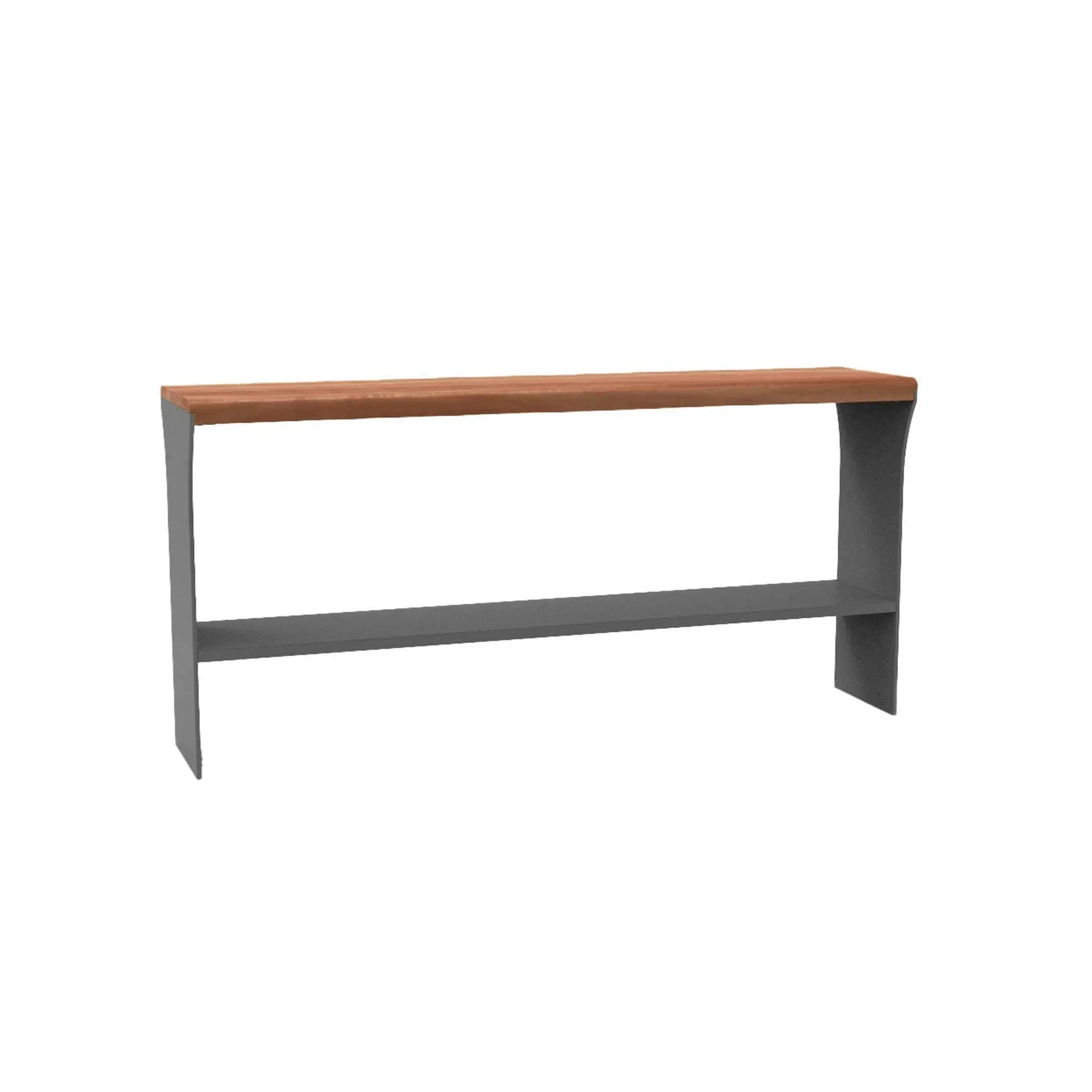 Three-quarter perspective view highlighting the organic curved edges of the wood slab and the sturdy architectural metal support frame